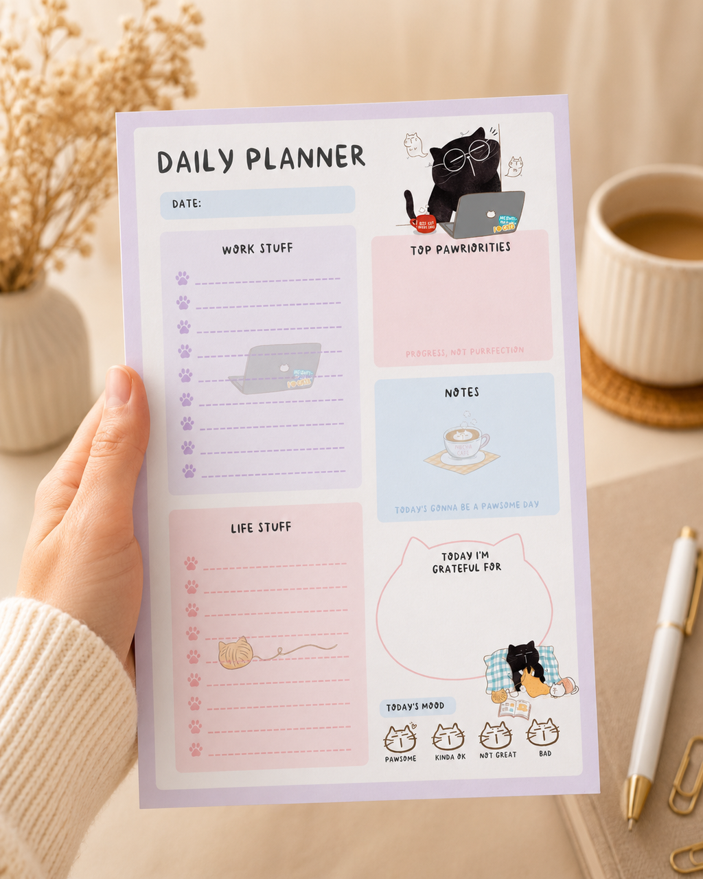Kawaii Cat Daily Planner Notepad, A5, 50 pages, Mood Tracker