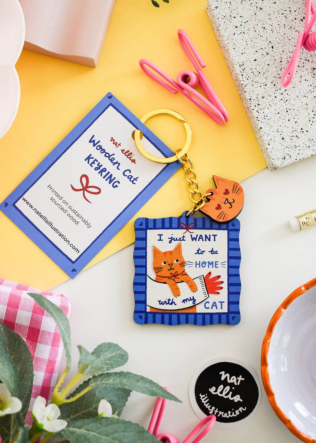 Nat ElIis Illustration - Just Want to be Home With My Cat Wooden Cat Keyring