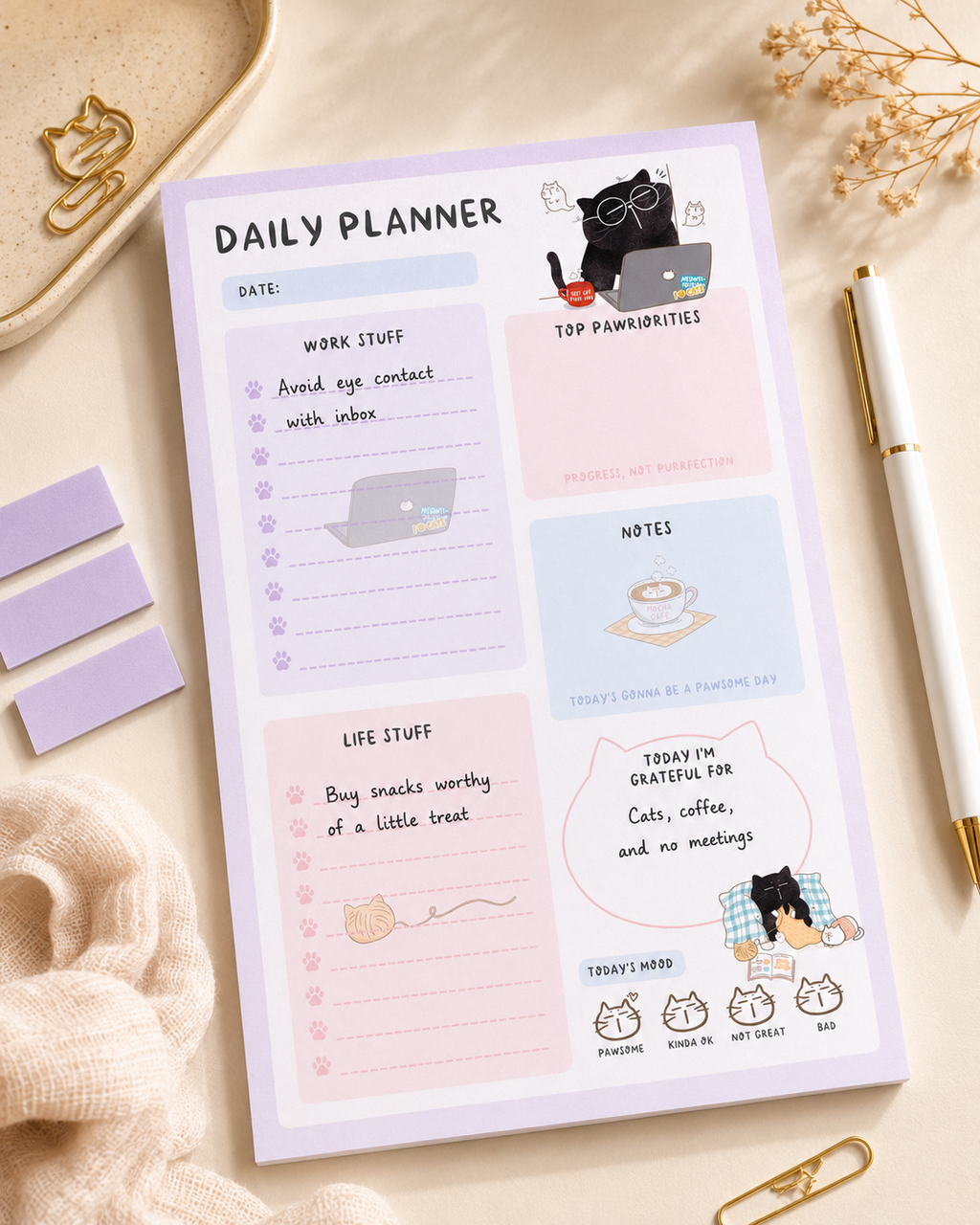 Kawaii Cat Daily Planner Notepad, A5, 50 pages, Mood Tracker