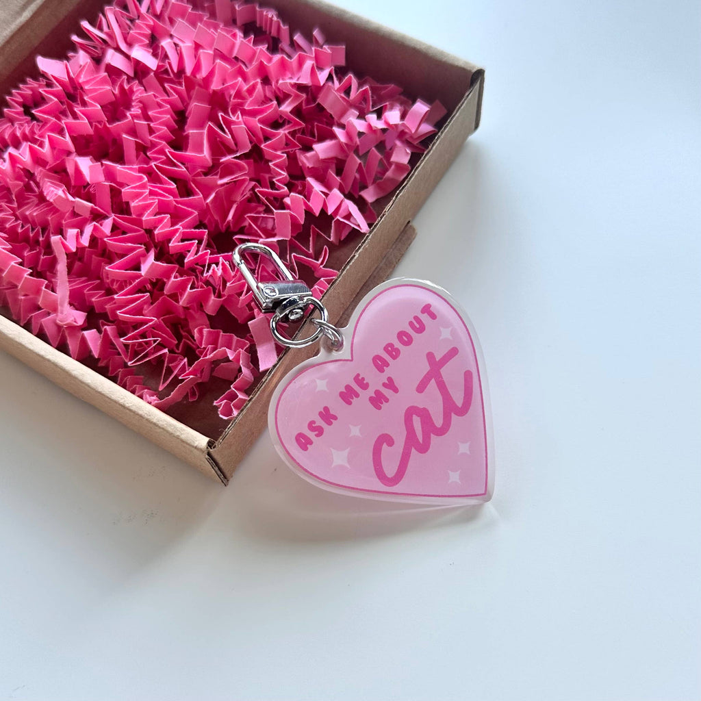 Ask Me About My Cat Keyring Pet Lover Animal Pink Gift