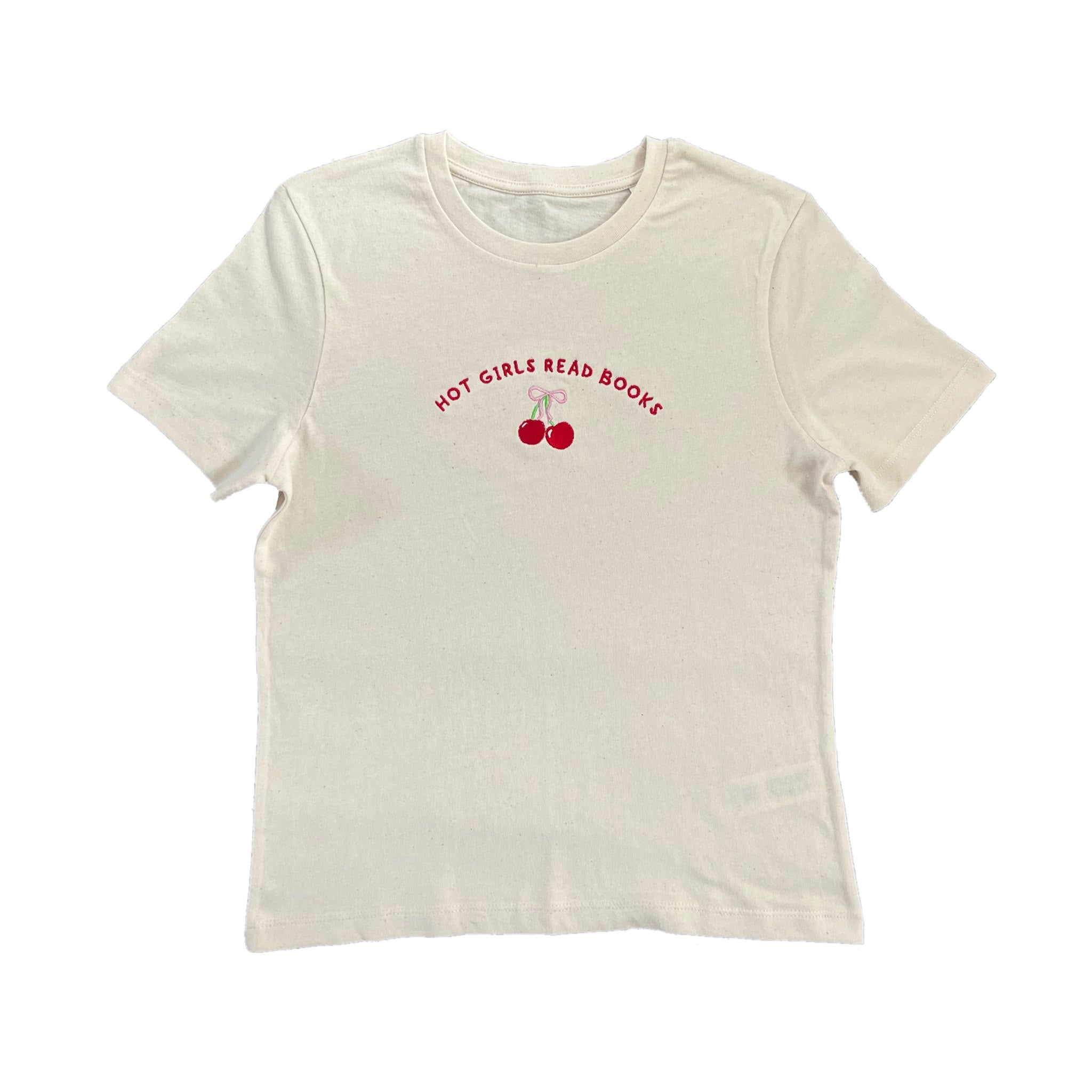 “hot girls read books” - Embroidered with cherries T-Shirt