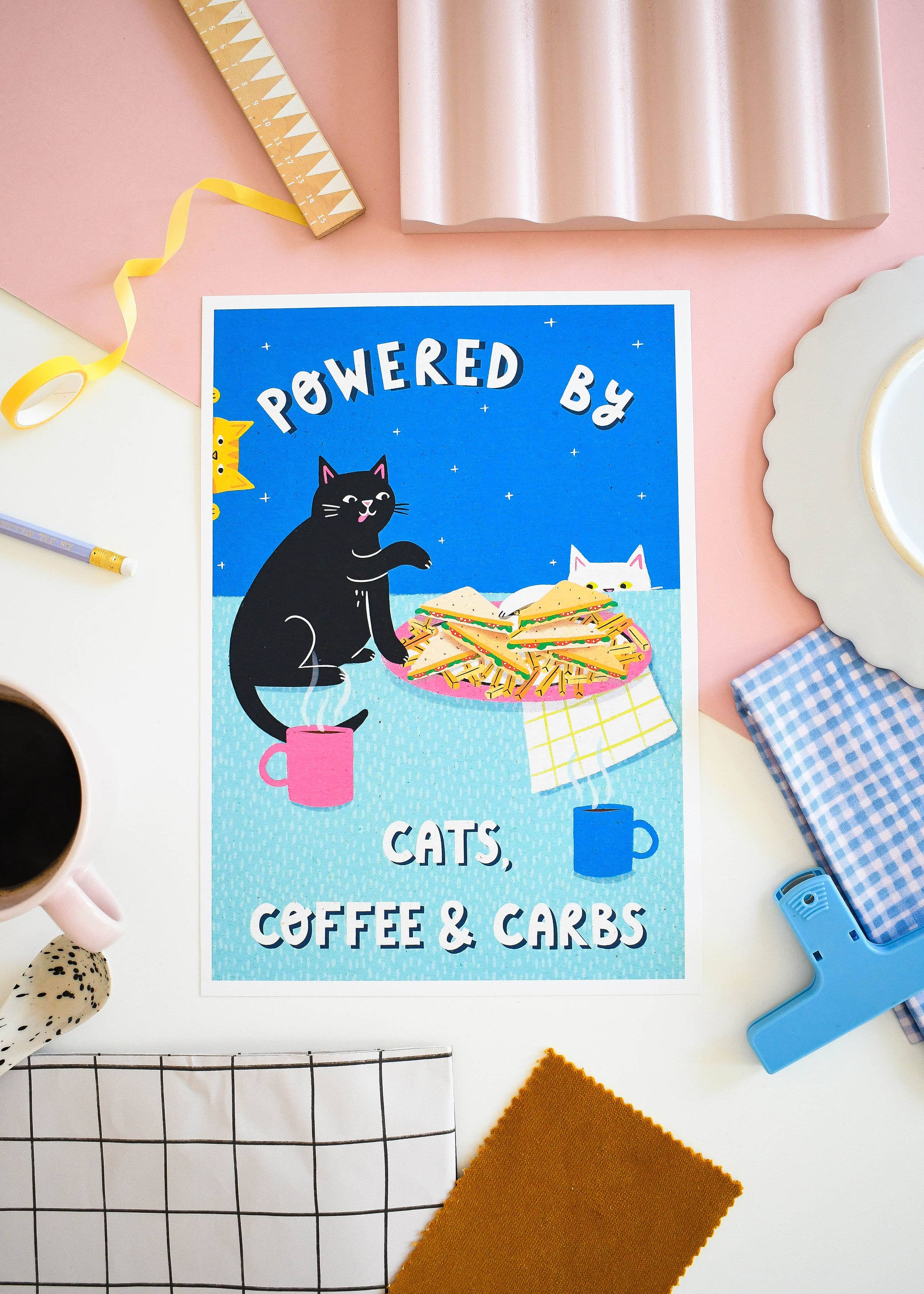Nat ElIis Illustration - Powered By Coffee, Carbs & Cats  A4 Heavyweight Art Print