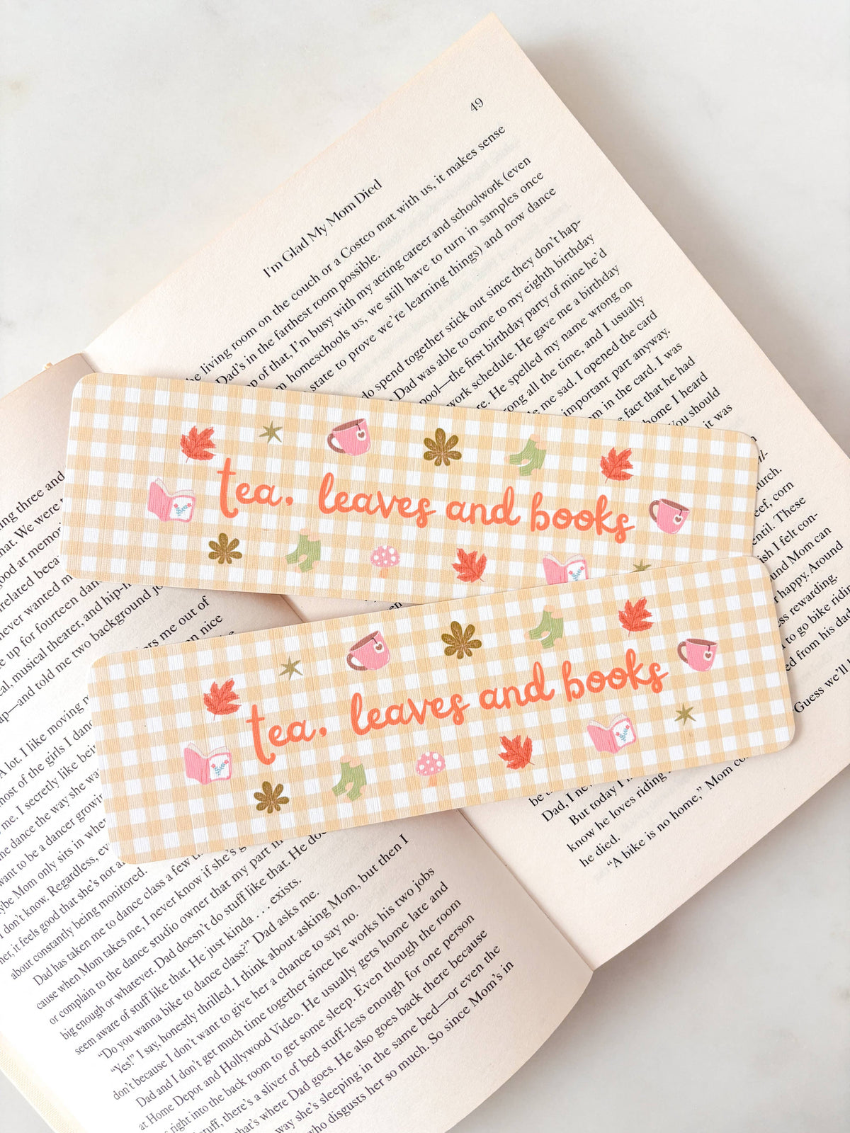 Tea, Leaves And Books Yellow Gingham Bookmark