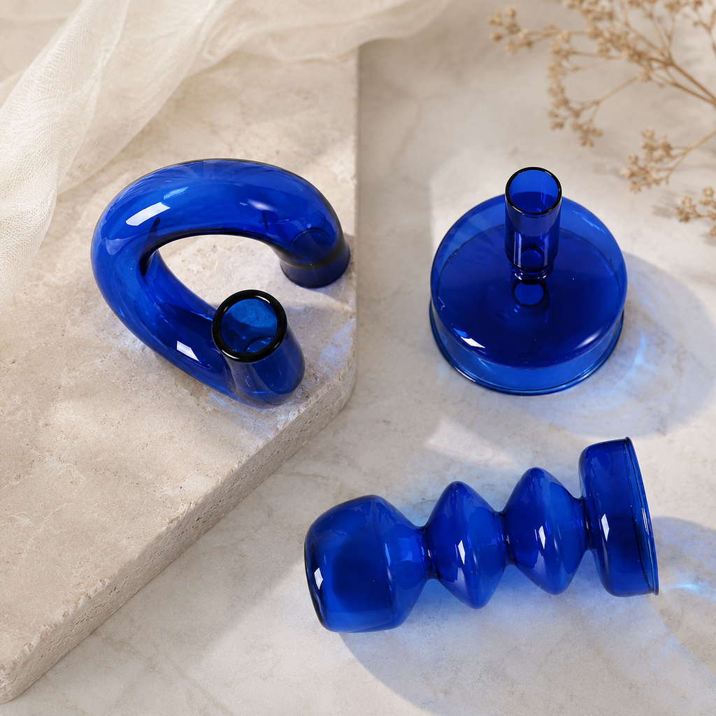 Blue Glass Candlestick Holder / Vase - Modern Candle Stand