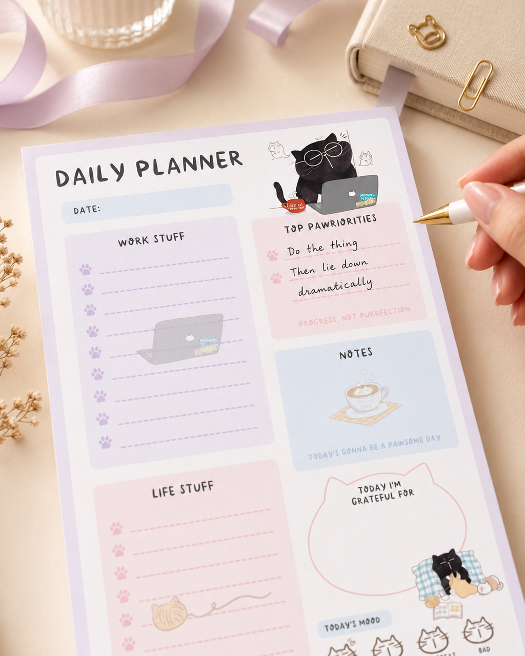 Kawaii Cat Daily Planner Notepad, A5, 50 pages, Mood Tracker