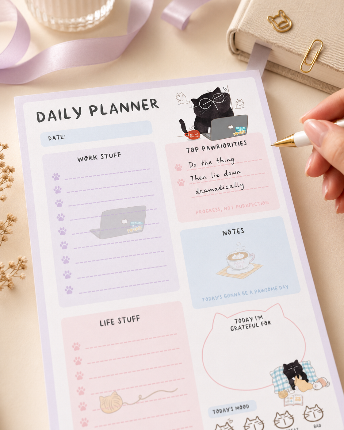 Kawaii Cat Daily Planner Notepad, A5, 50 pages, Mood Tracker