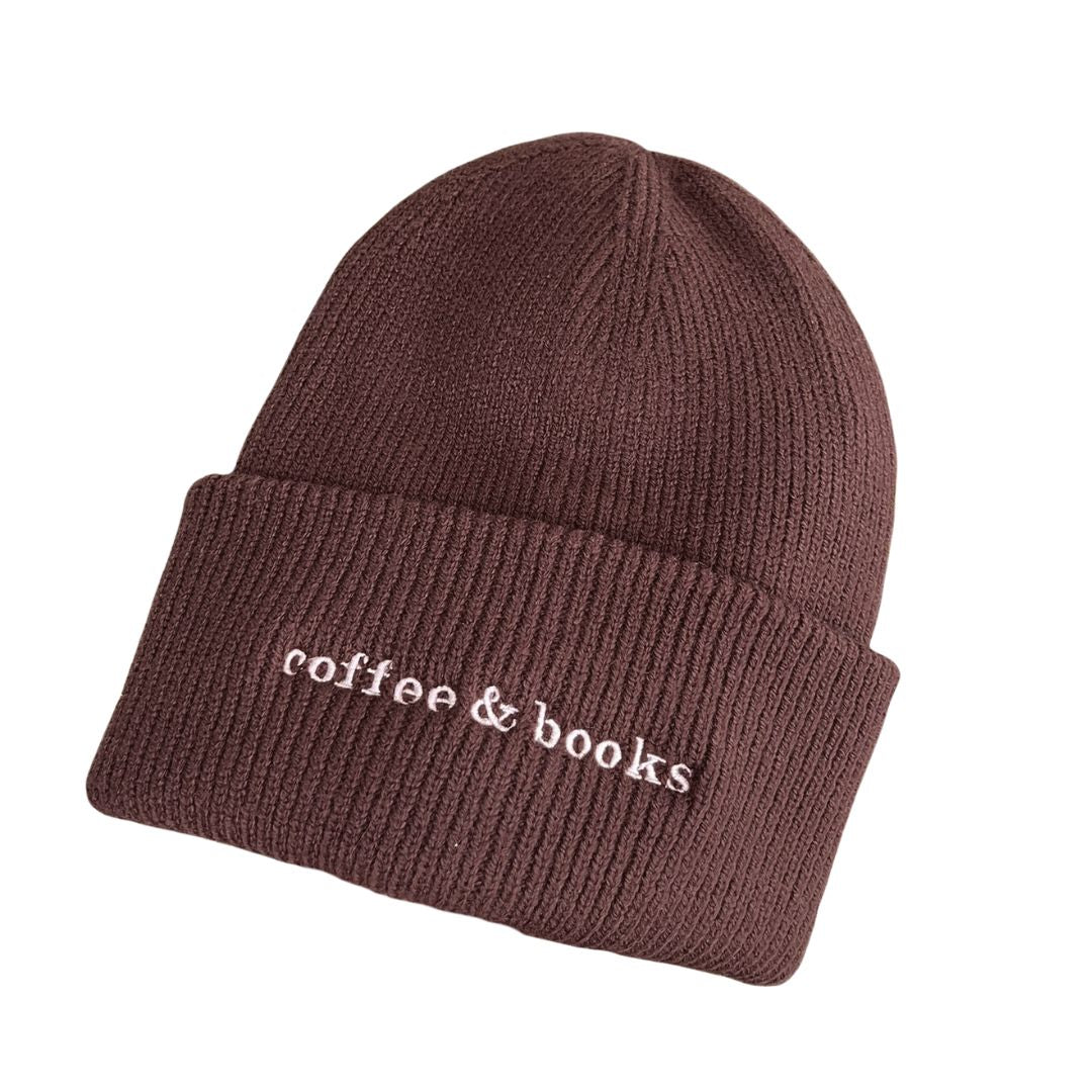 "Coffee + books" embroidered beanie