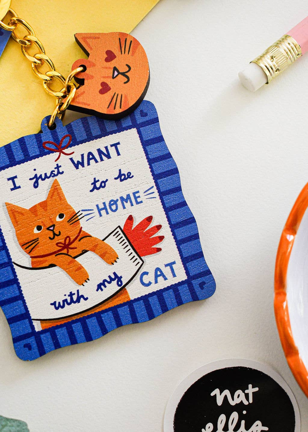 Nat ElIis Illustration - Just Want to be Home With My Cat Wooden Cat Keyring