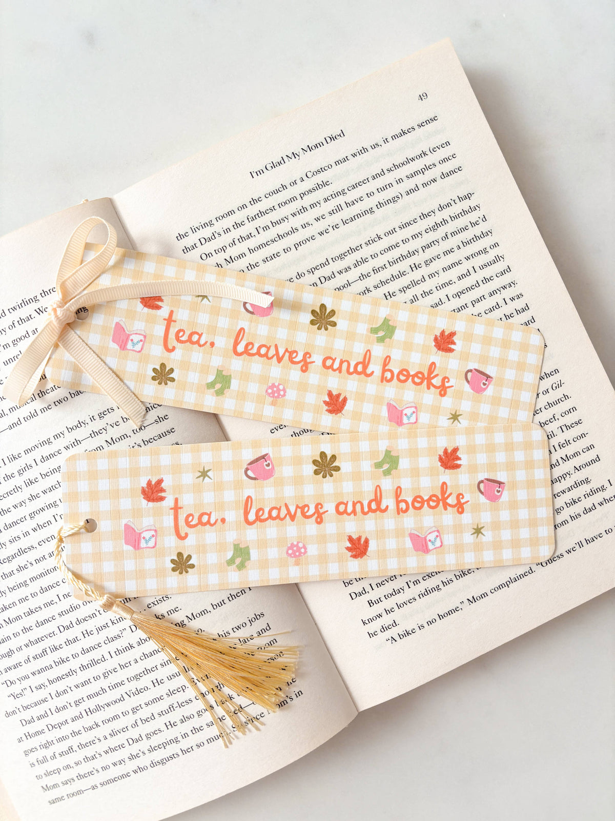 Tea, Leaves And Books Yellow Gingham Bookmark