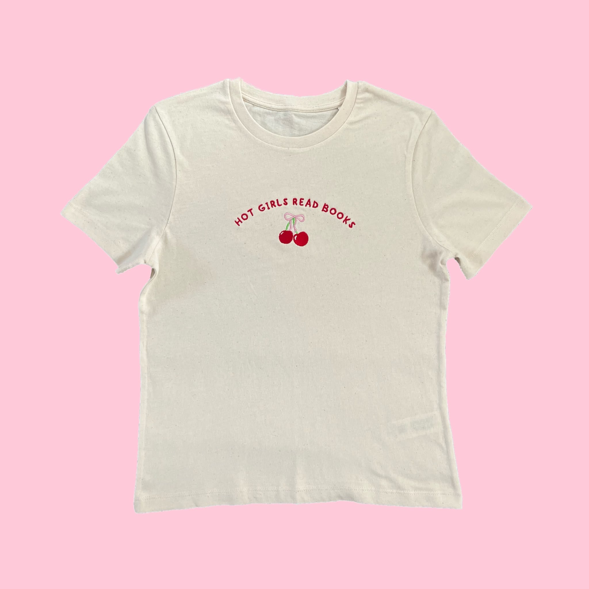 “hot girls read books” - Embroidered with cherries T-Shirt