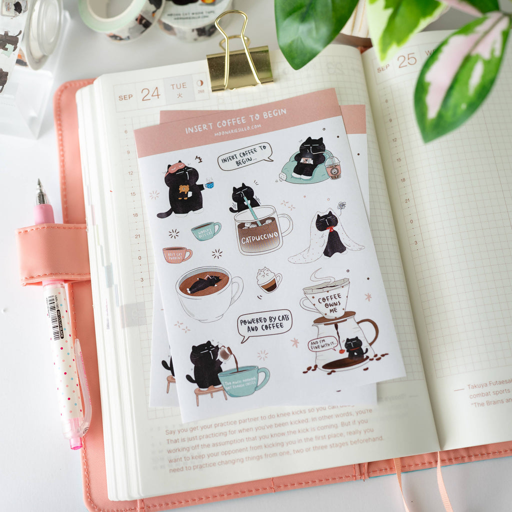 Funny Black Cat Sticker Sheet for Coffee & Cat Lovers