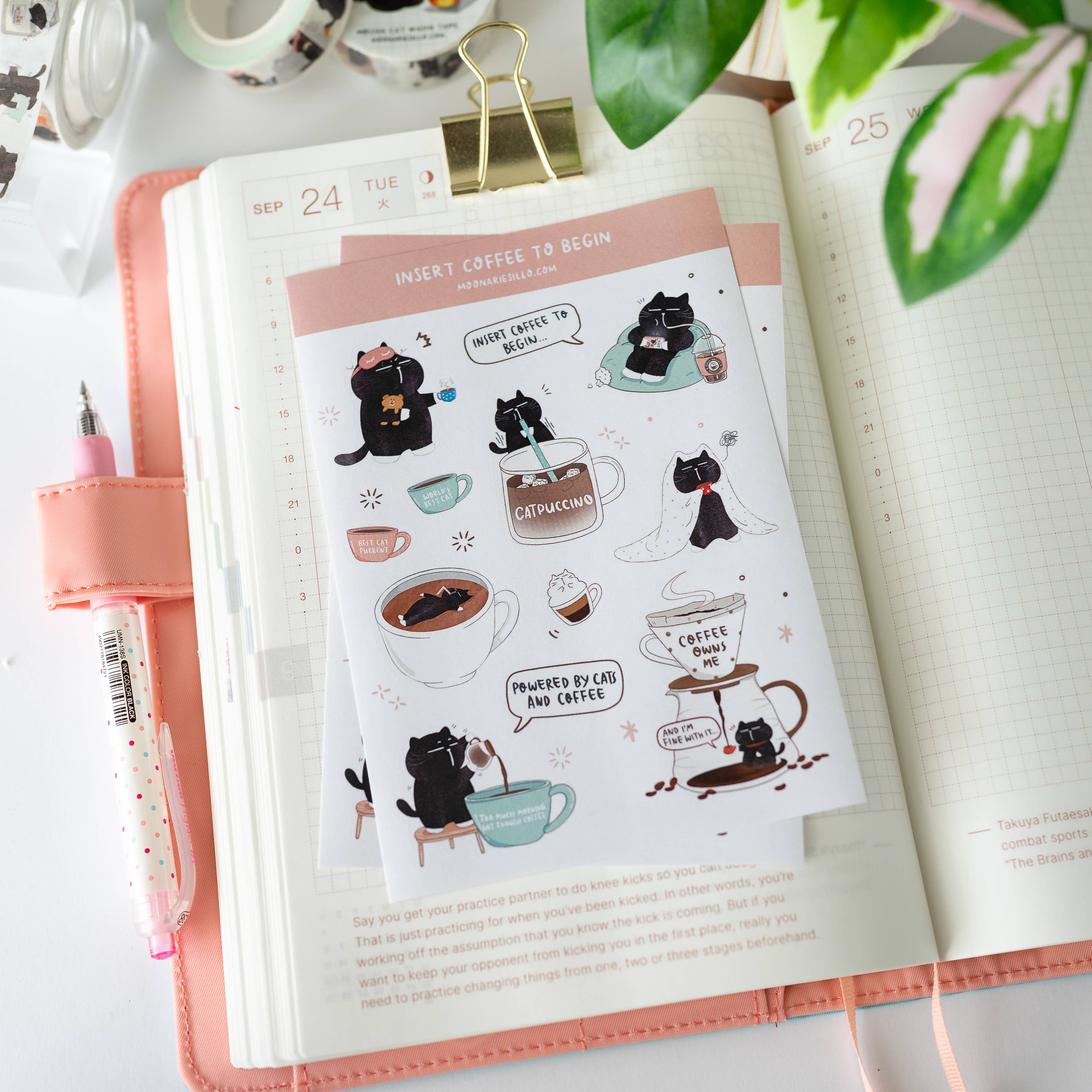 Funny Black Cat Sticker Sheet for Coffee & Cat Lovers