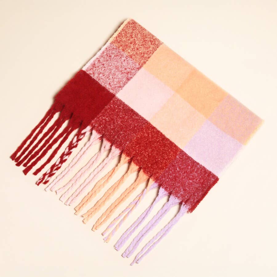 Burgundy and Peach Checked Winter Scarf