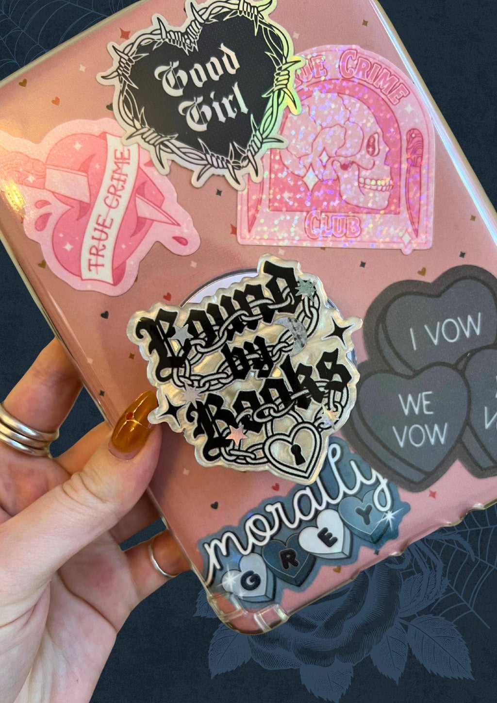 "Bound By Books" Luxury Magnetic Kindle Grip & Phone holder (dark romance)