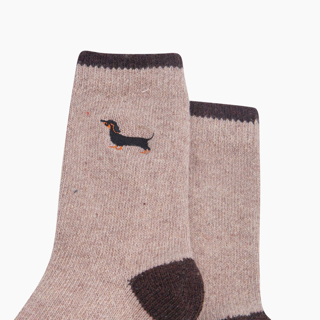 Sausage Dog Embroidered Wool Socks in Beige