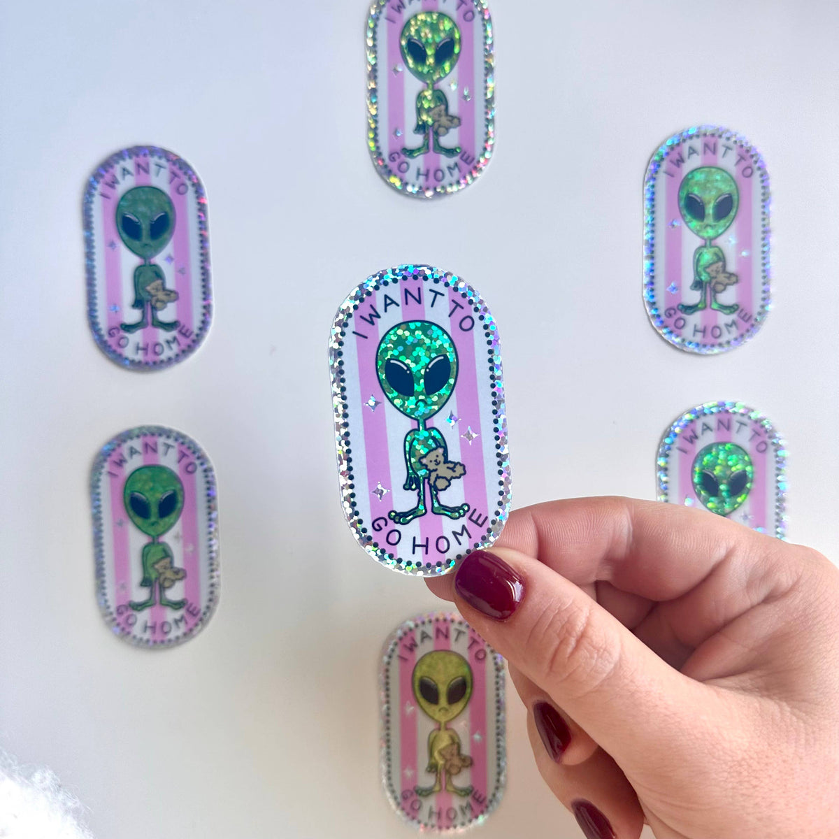 Holographic Sticker | Pink Alien UFO I Want To Go Home Sad