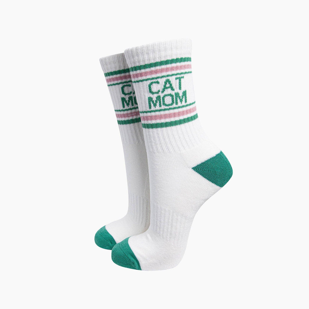 Cat Mom Organic Cotton Sports Socks in Cream/Green