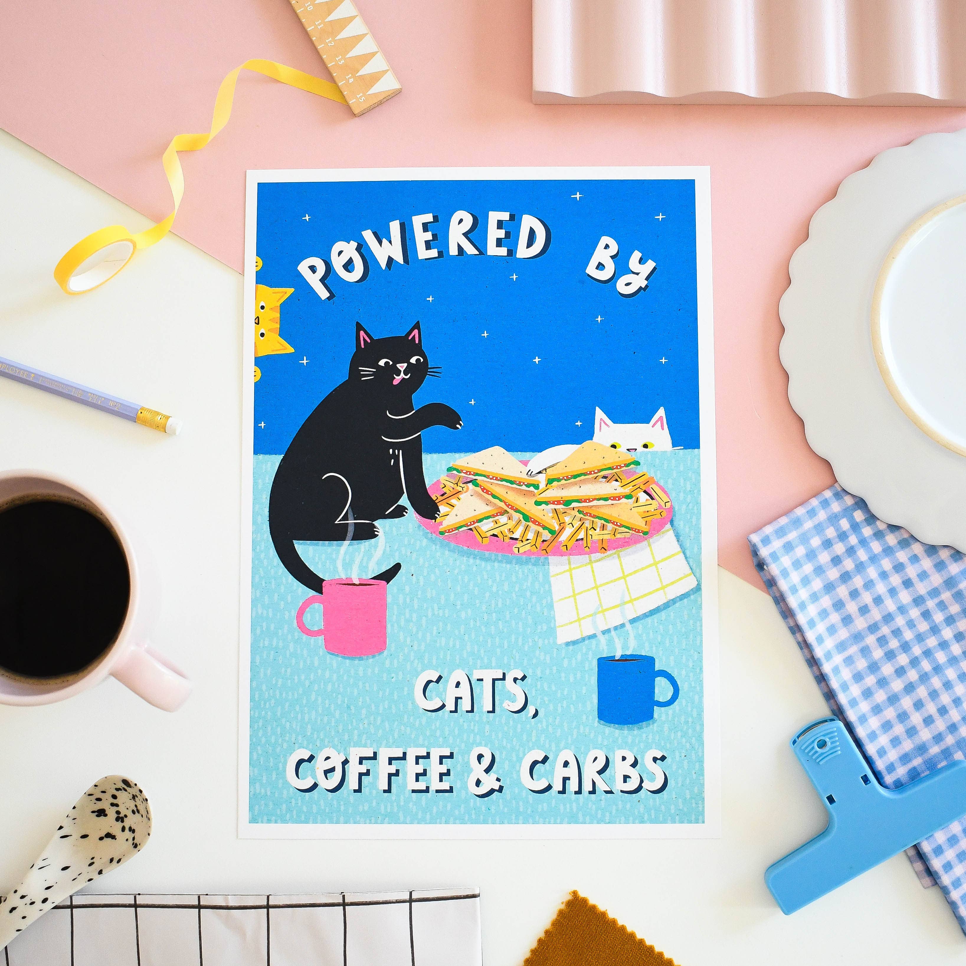 Nat ElIis Illustration - Powered By Coffee, Carbs & Cats  A4 Heavyweight Art Print
