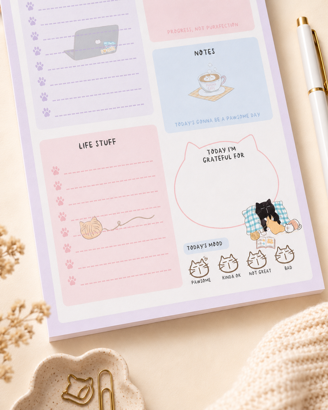 Kawaii Cat Daily Planner Notepad, A5, 50 pages, Mood Tracker