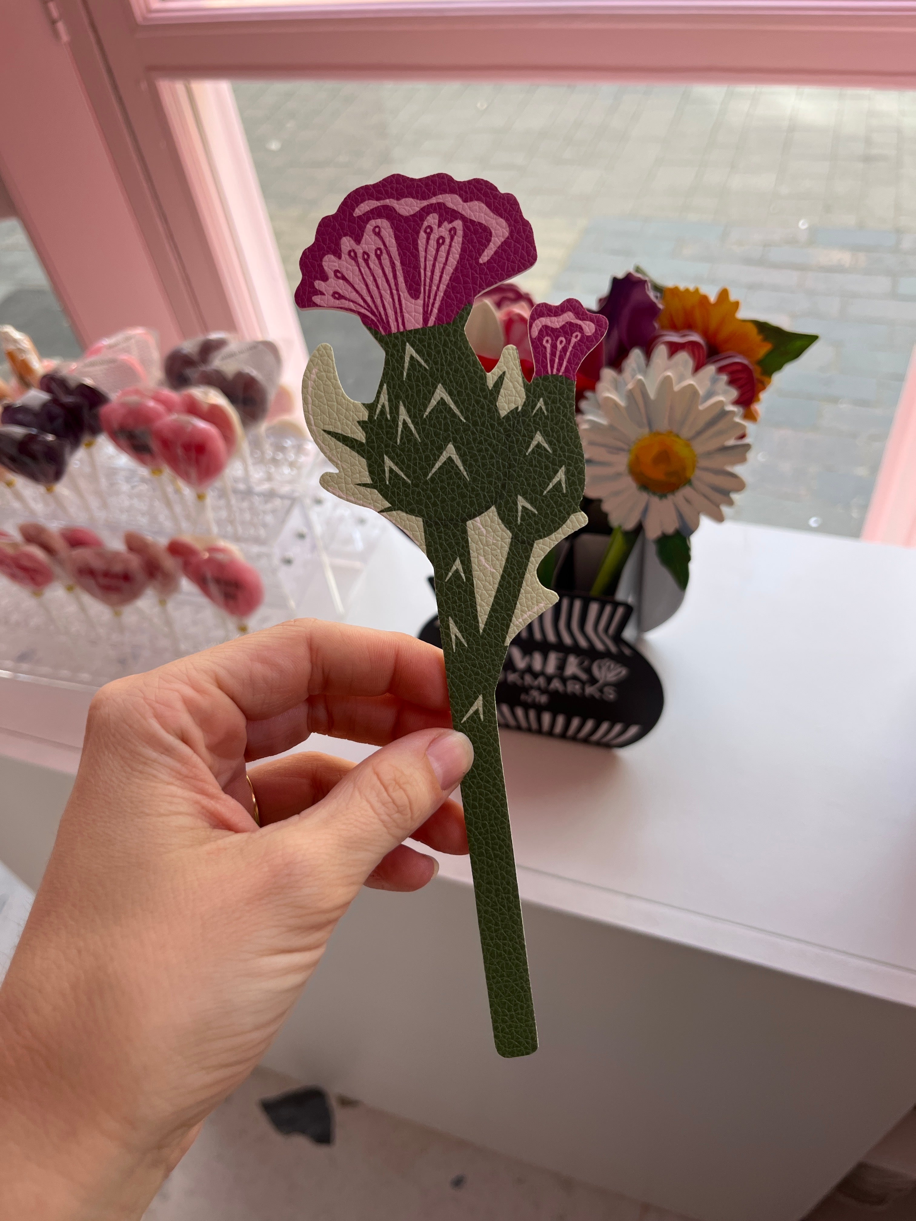 Vegan leather Flower Bookmark (thistle)
