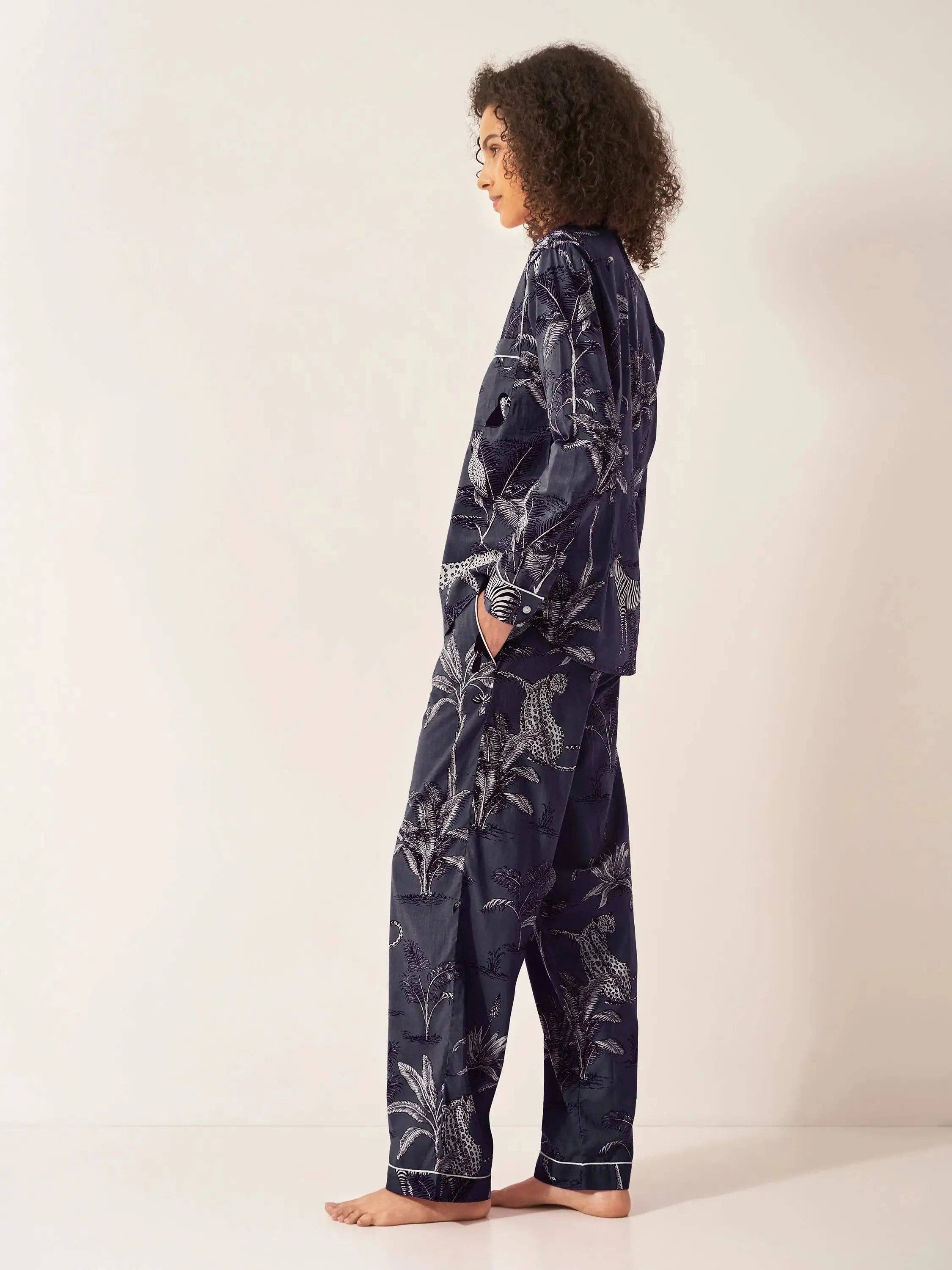 "Book Lover" Navy Jungle Pyjama Trouser Set with sleep mask