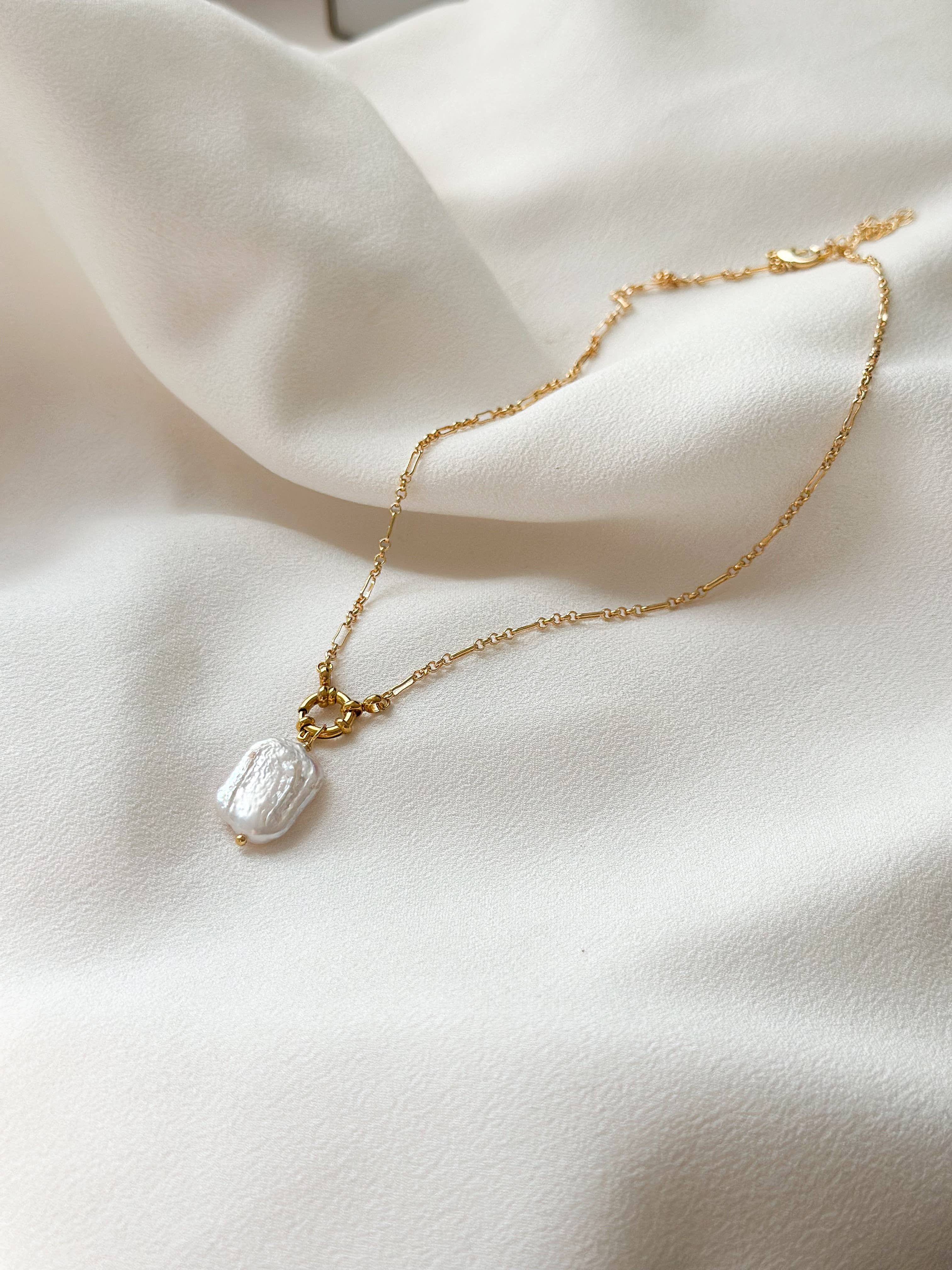 18k Gold Plated Pearl Lustre Rectangle Necklace