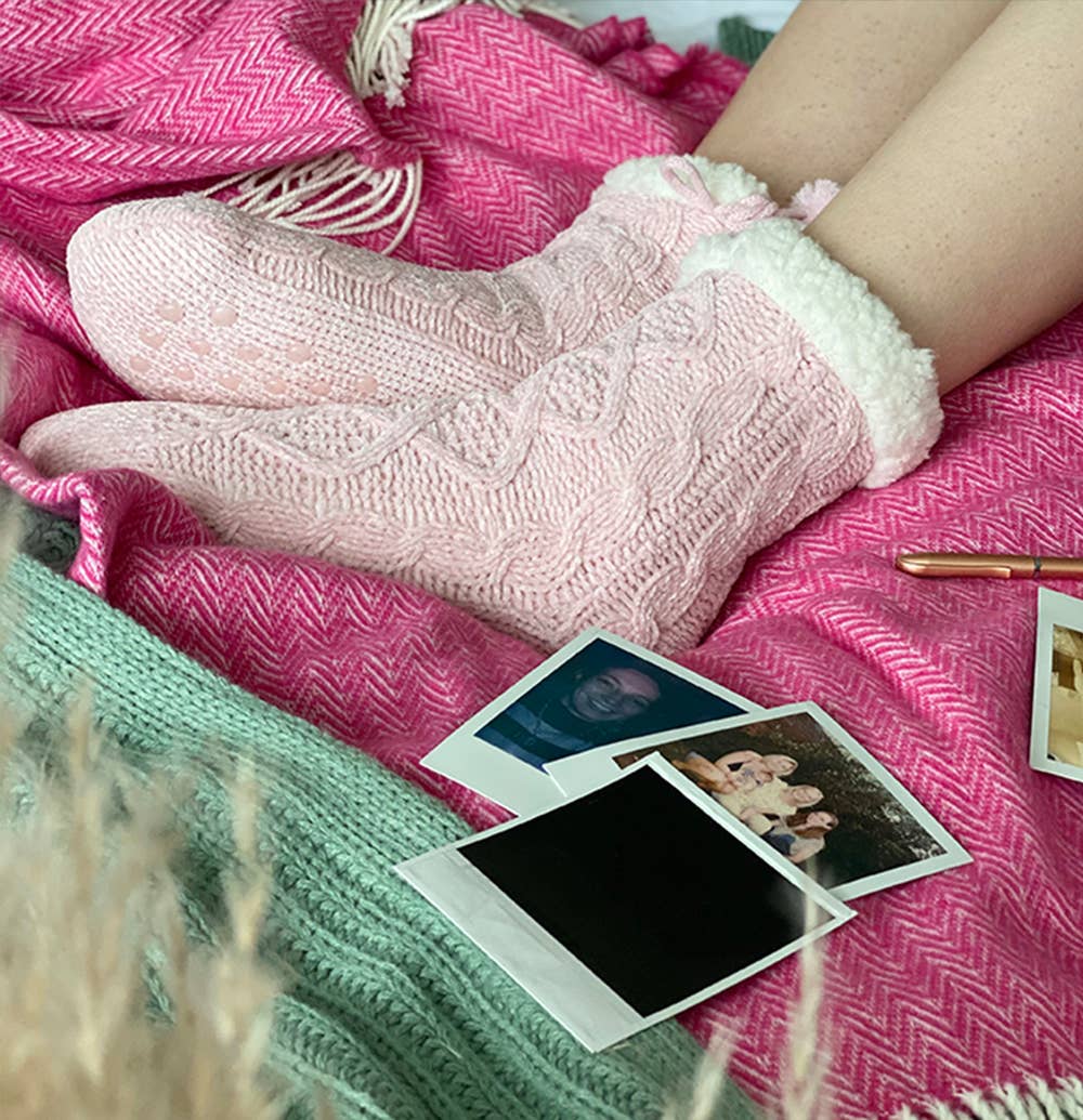 Pink Cable Knit Pom Pom Slipper Socks