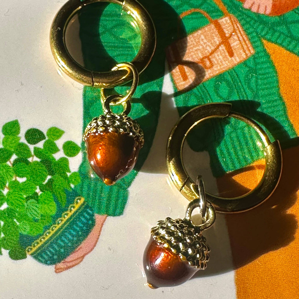 Autumn Acorn 🍂 Detachable Enamel Charm Hoop Earrings