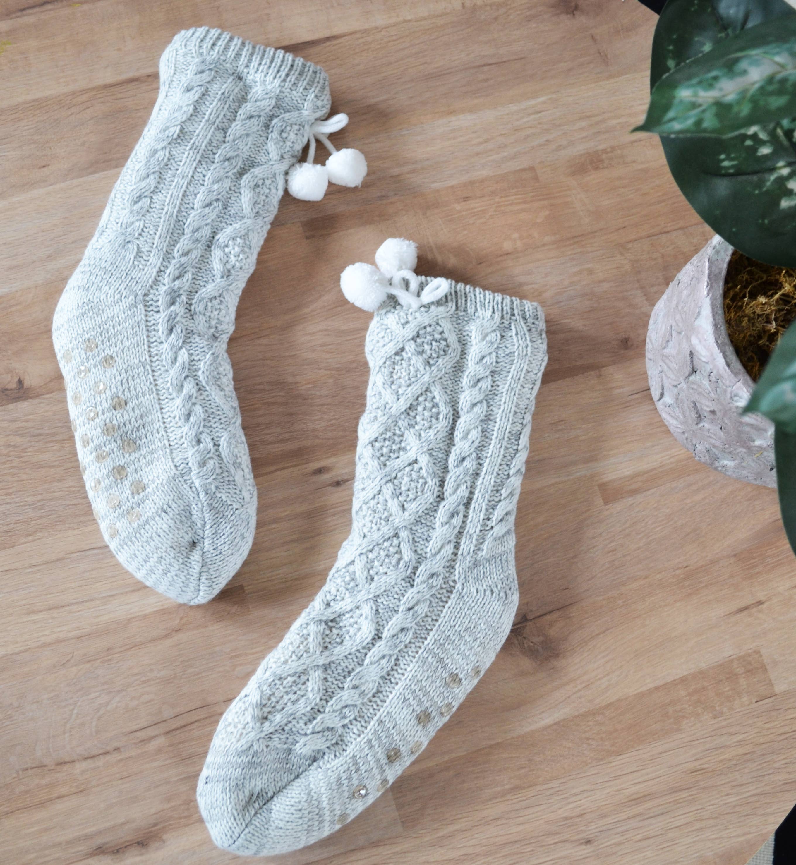 Knitted Slipper Socks - Grey Cable Knit