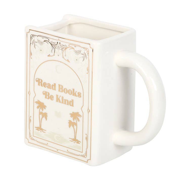 Read Books, Be Kind White Book Shaped Mug