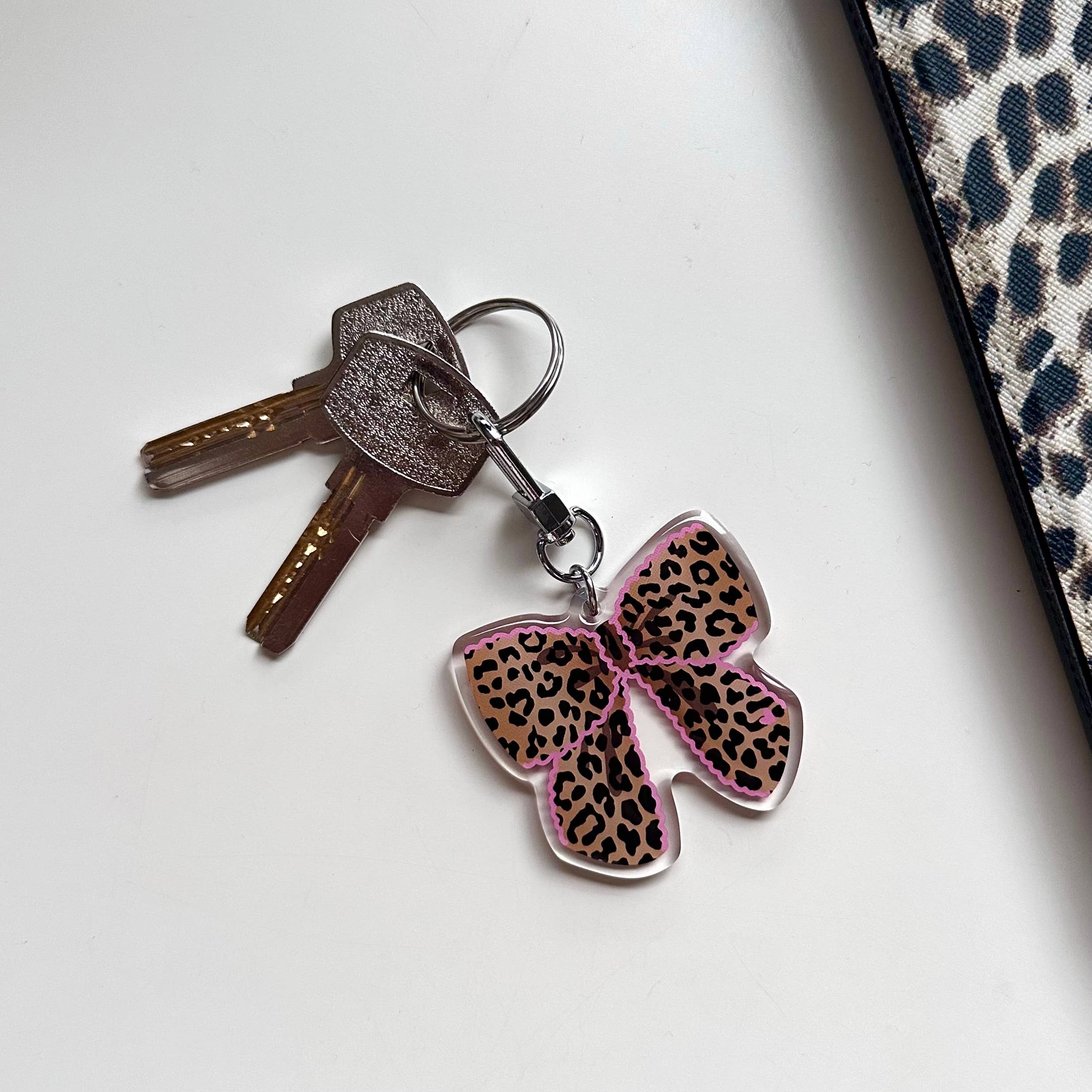 Leopard Bow Keyring Pink Cute Animal Print Gift