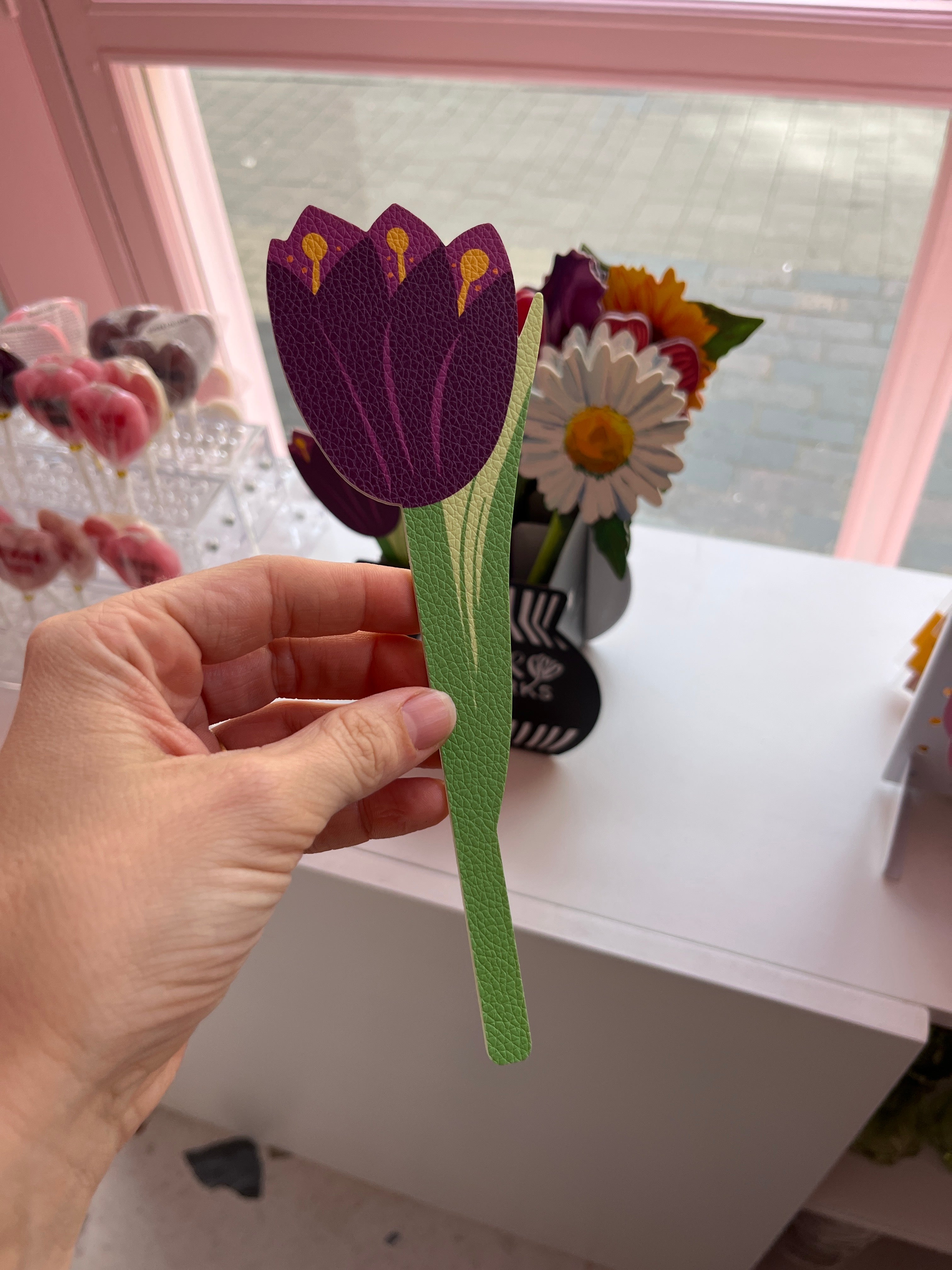 Vegan leather Flower Bookmark (purple tulip)