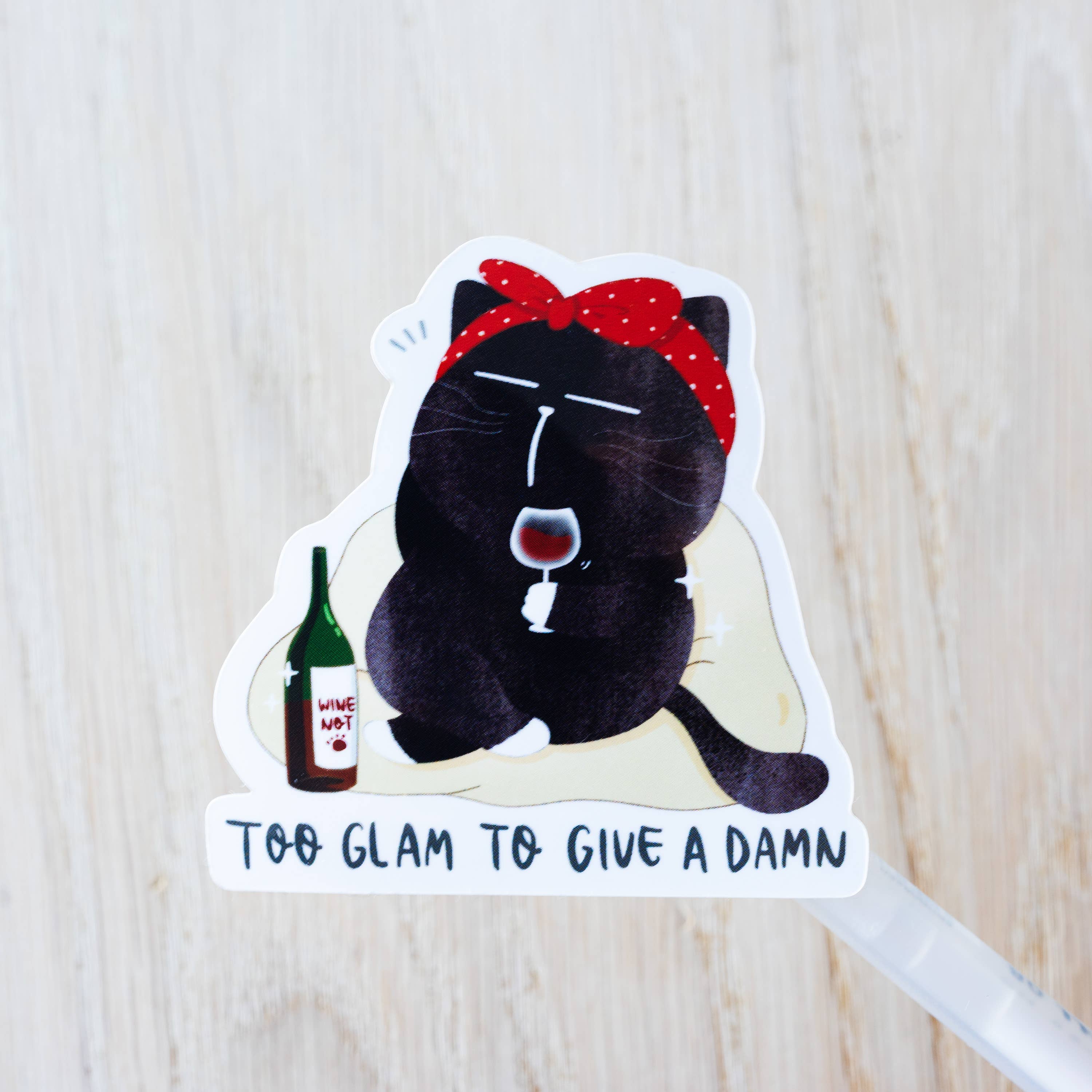 "Too glam to give a damn" black cat sticker