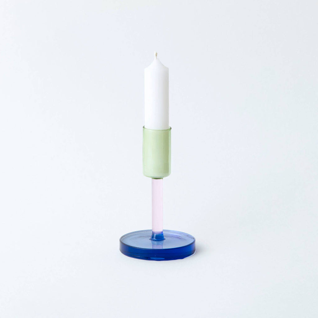 Glass Candlestick - Medium - Green & Pink