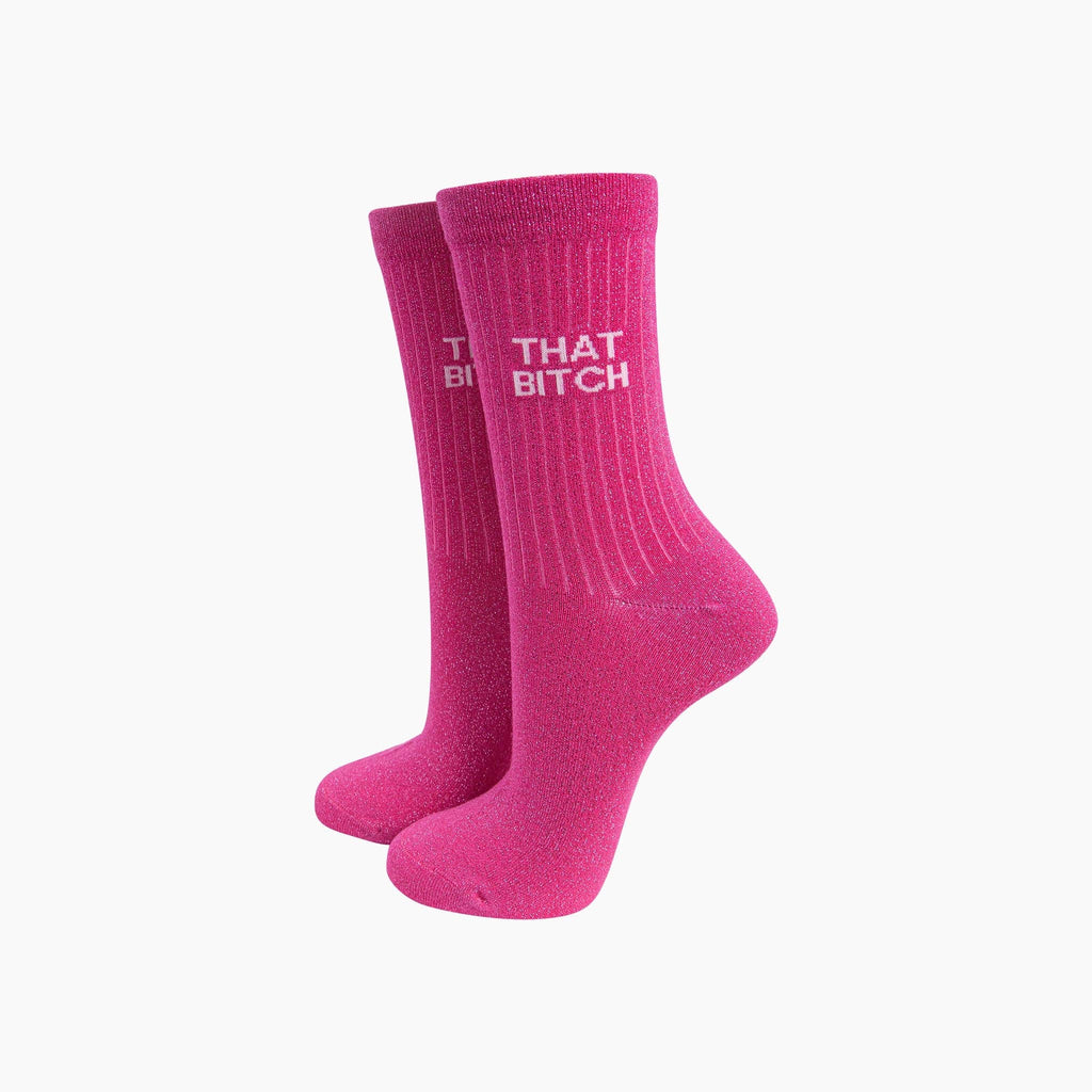 That Bitch Combed Cotton Glitter Socks in Hot Pink