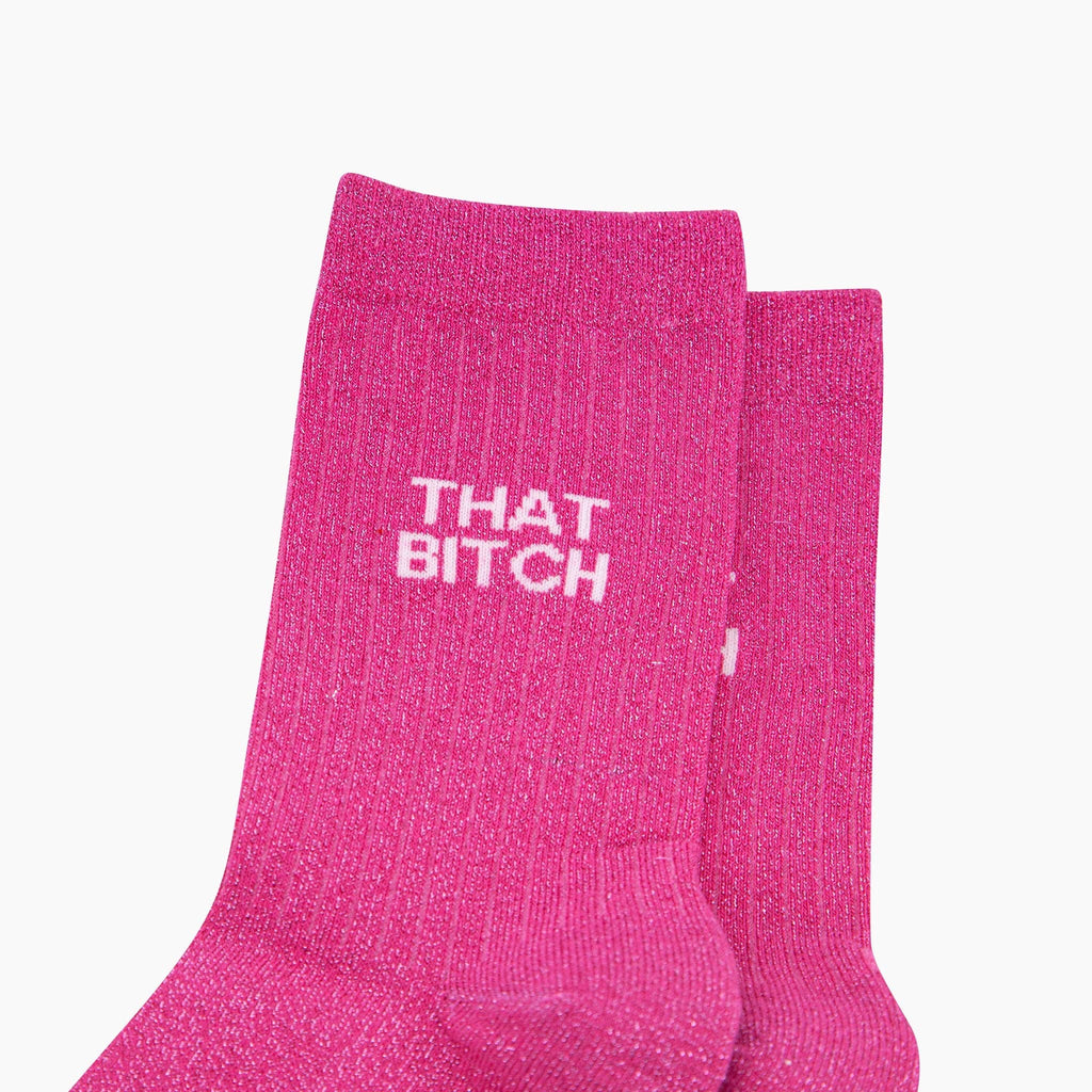 That Bitch Combed Cotton Glitter Socks in Hot Pink