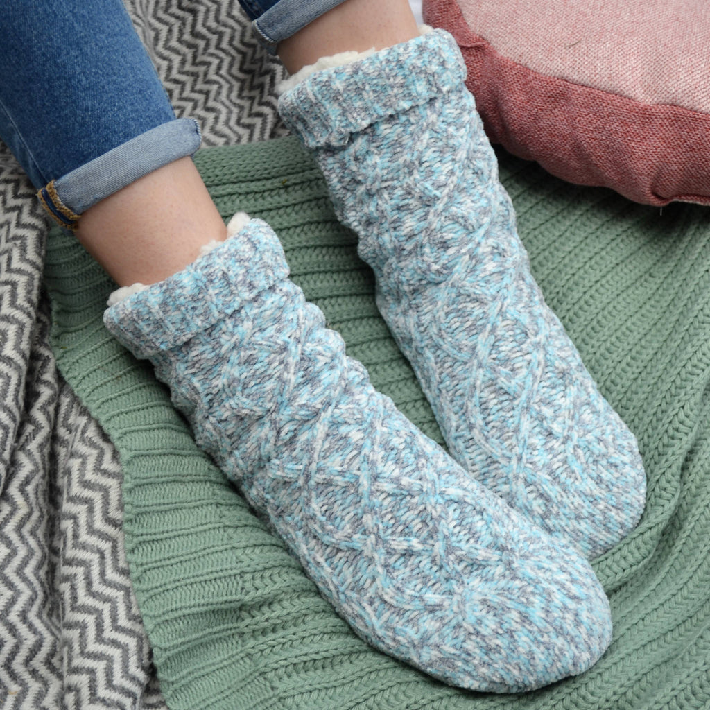 Speckled Cable Knit Pom Pom Slipper Socks