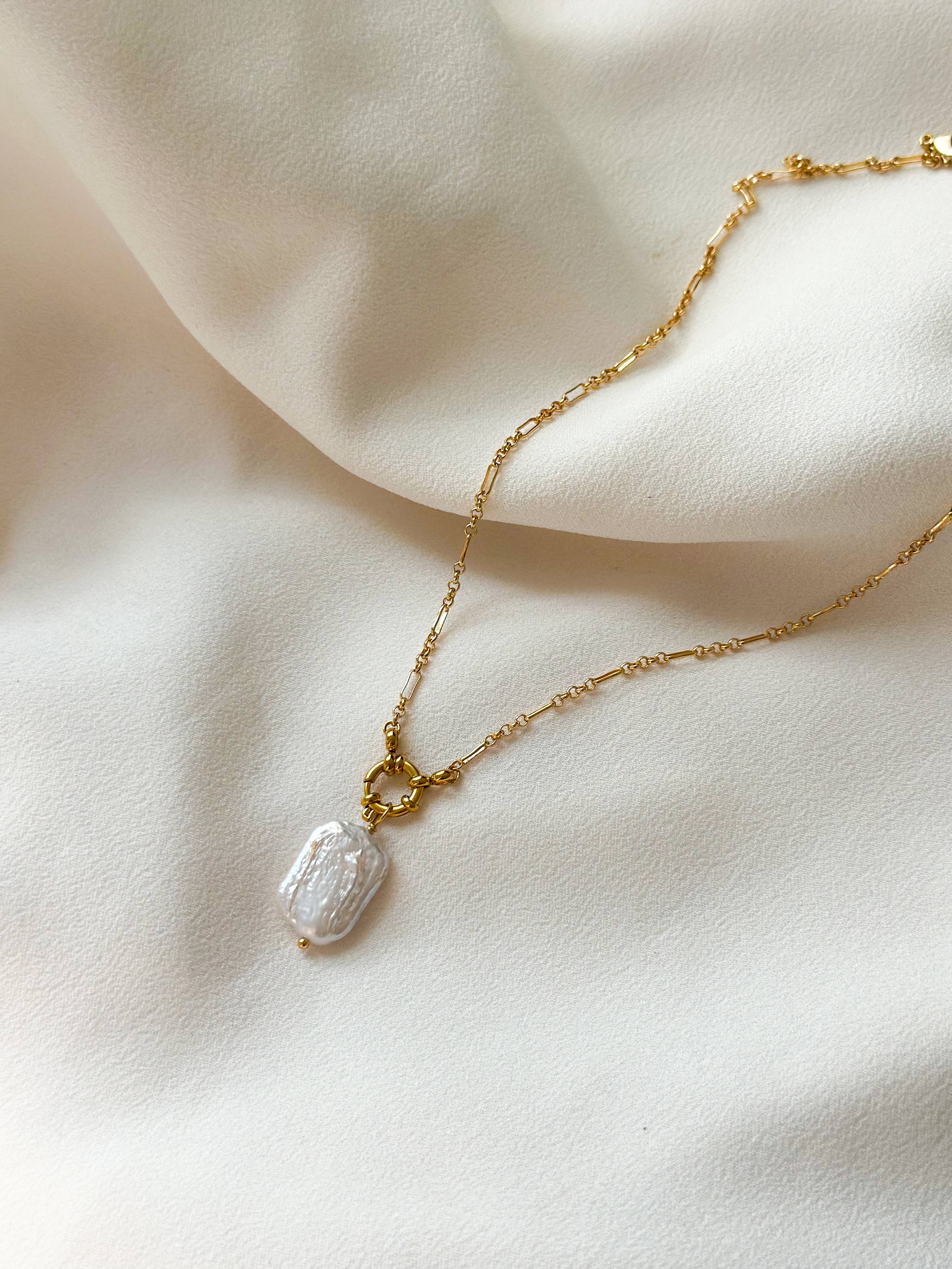 18k Gold Plated Pearl Lustre Rectangle Necklace