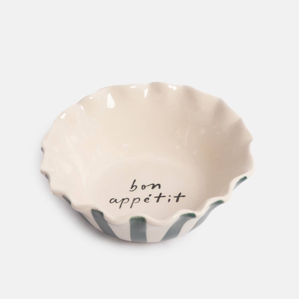 Caroline Gardner - Teal Stripe 'Bon Appetit' Frilly Bowl