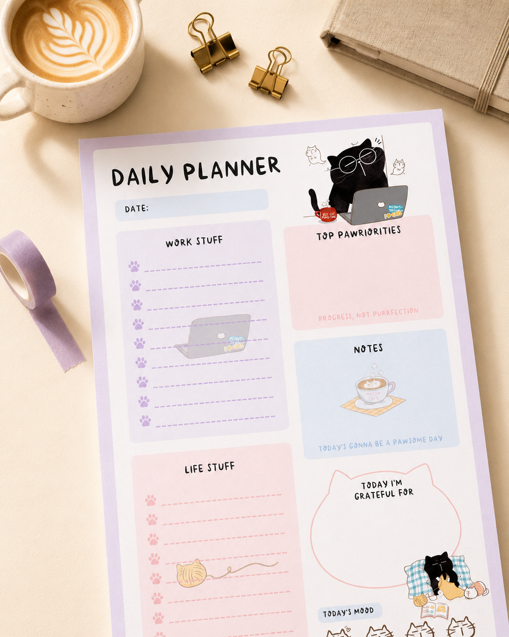Kawaii Cat Daily Planner Notepad, A5, 50 pages, Mood Tracker