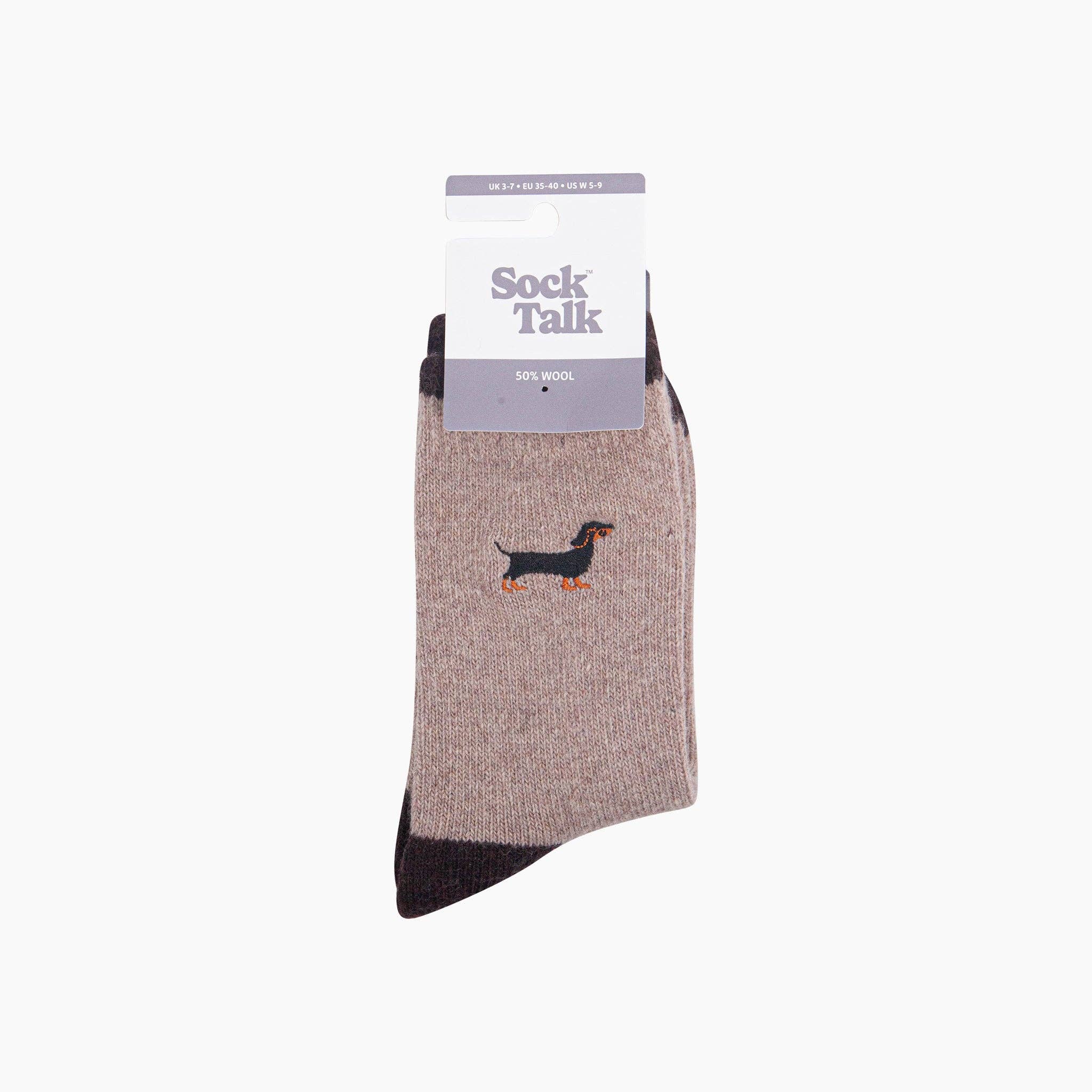Sausage Dog Embroidered Wool Socks in Beige