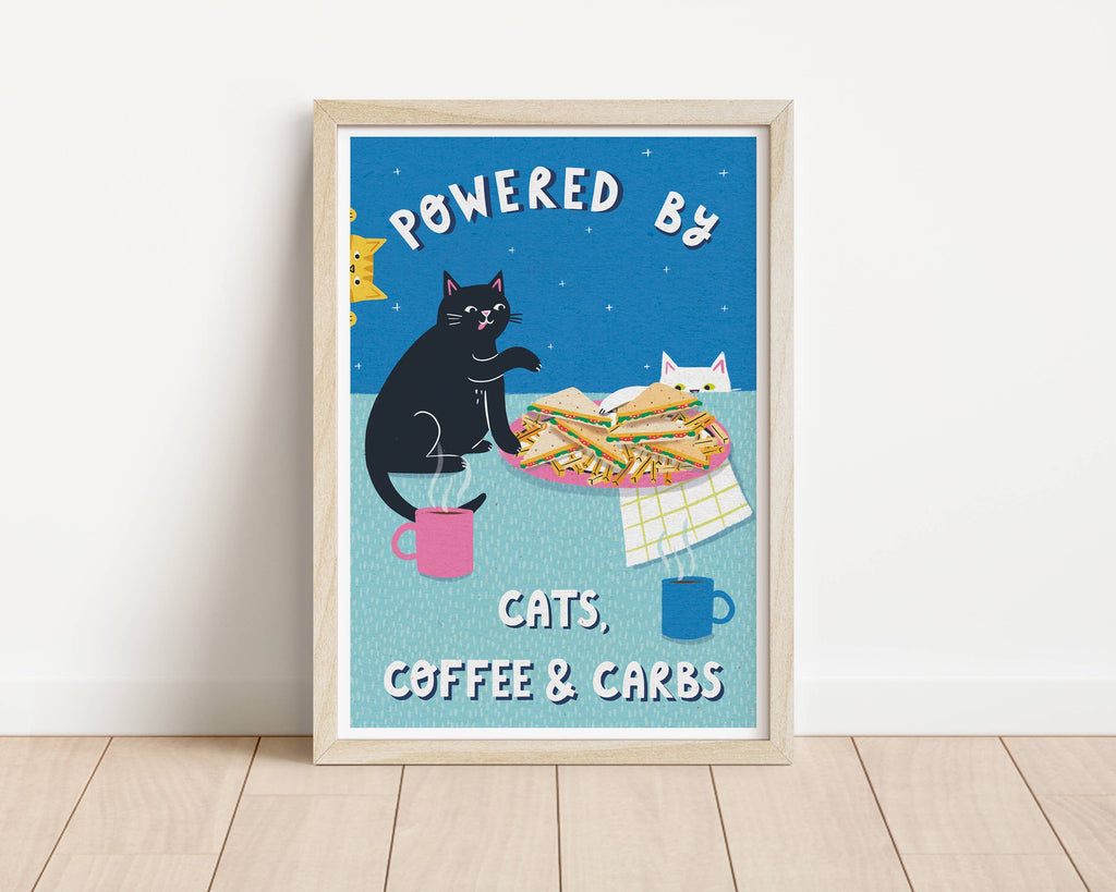 Nat ElIis Illustration - Powered By Coffee, Carbs & Cats  A4 Heavyweight Art Print