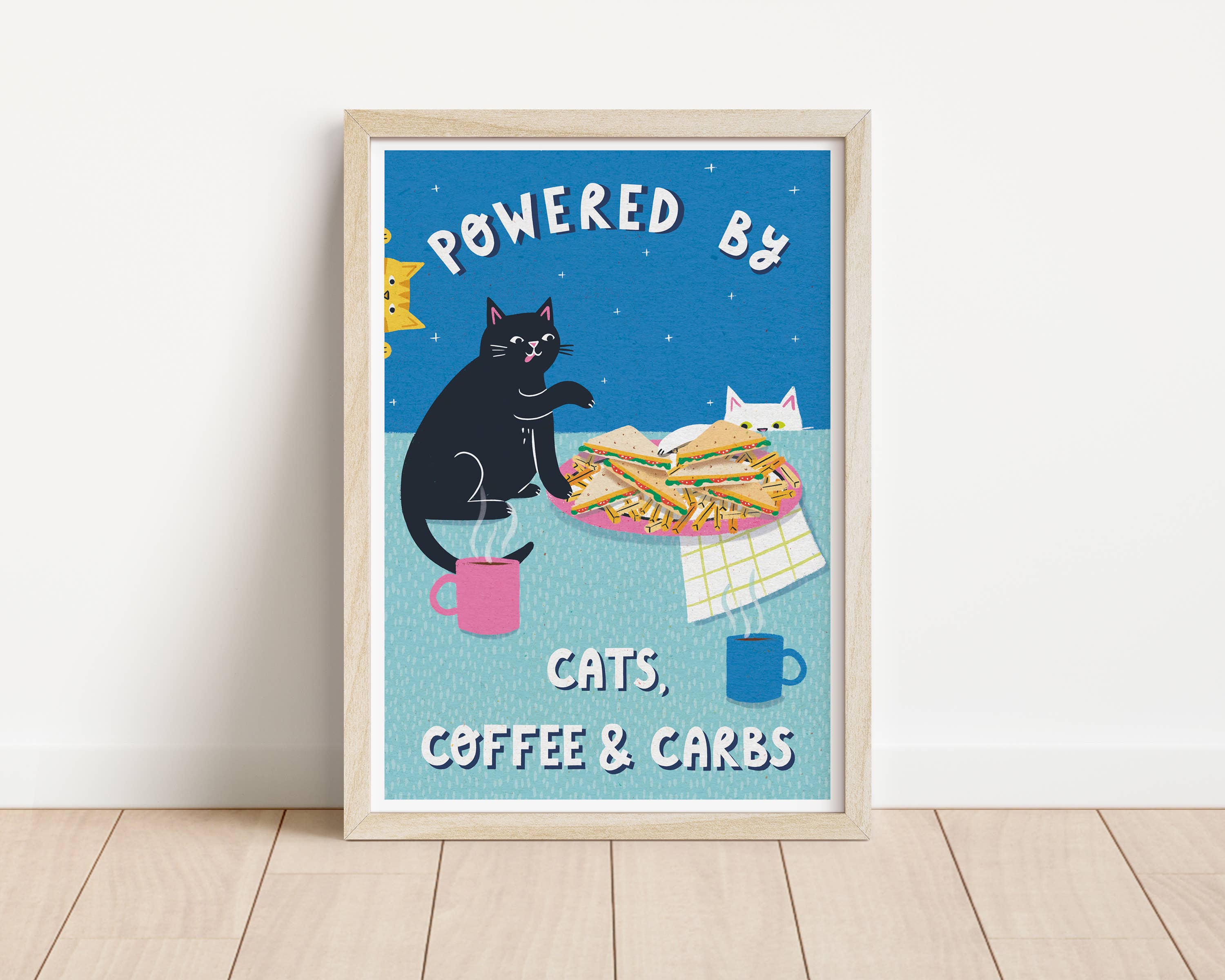 Nat ElIis Illustration - Powered By Coffee, Carbs & Cats  A4 Heavyweight Art Print