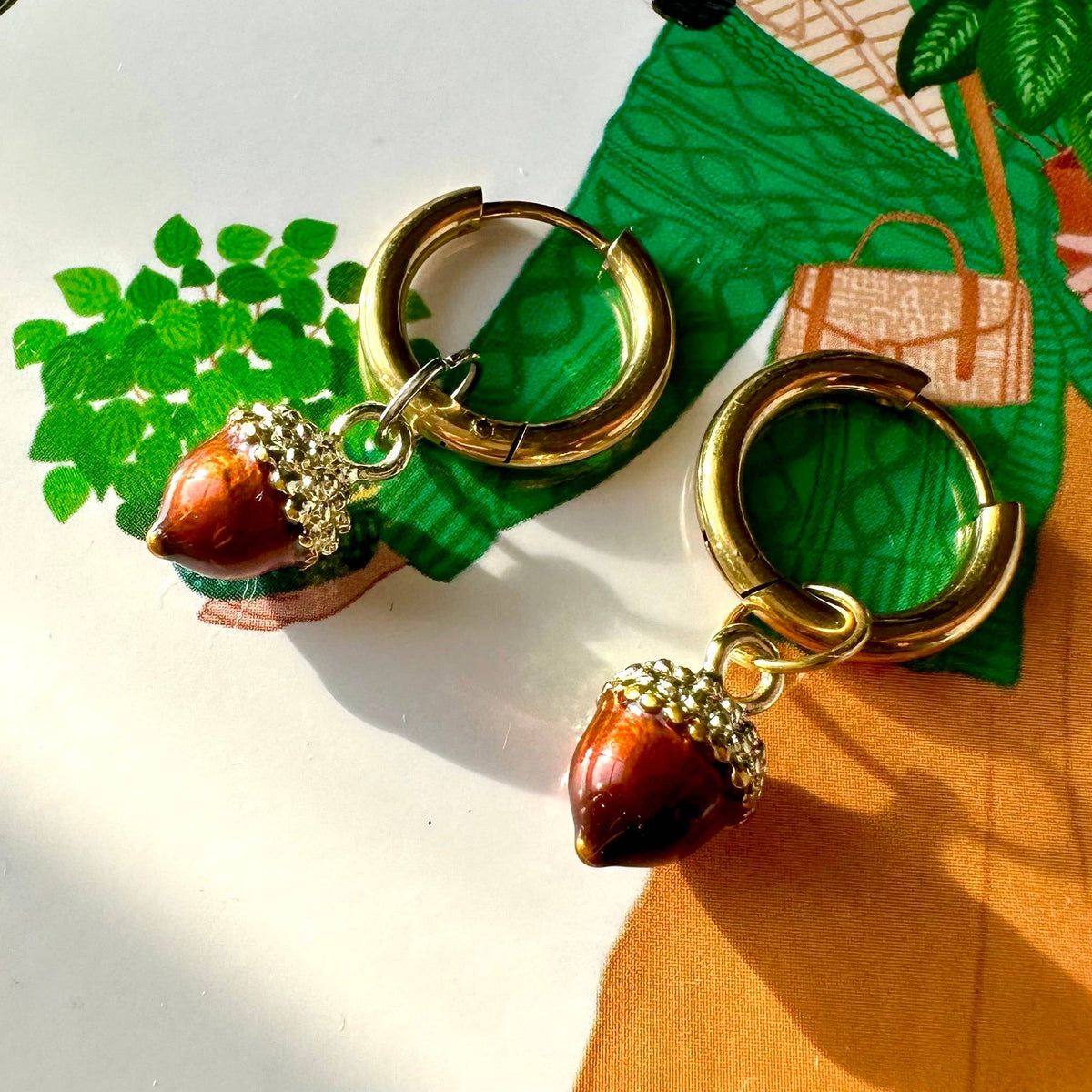 Autumn Acorn 🍂 Detachable Enamel Charm Hoop Earrings