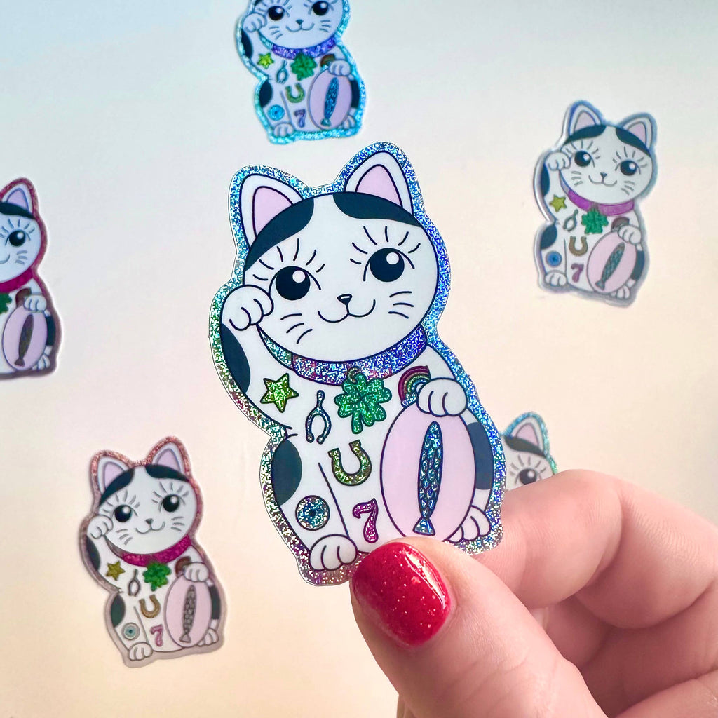 Holographic Sticker | Glitter Lucky Fortune Cat Clover Cute