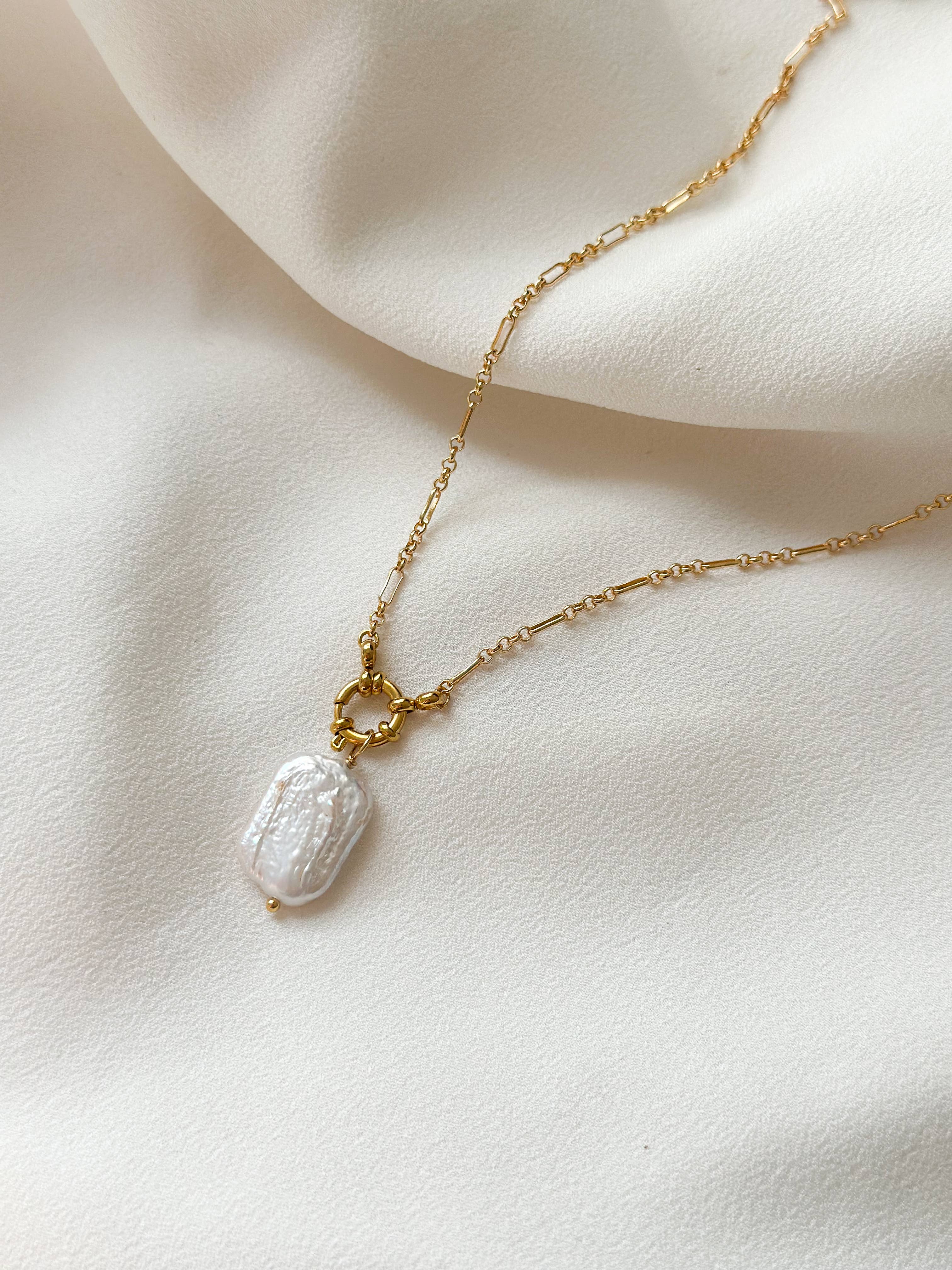 18k Gold Plated Pearl Lustre Rectangle Necklace