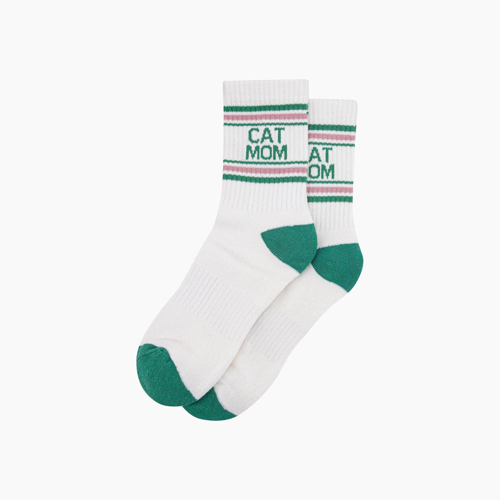 Cat Mom Organic Cotton Sports Socks in Cream/Green