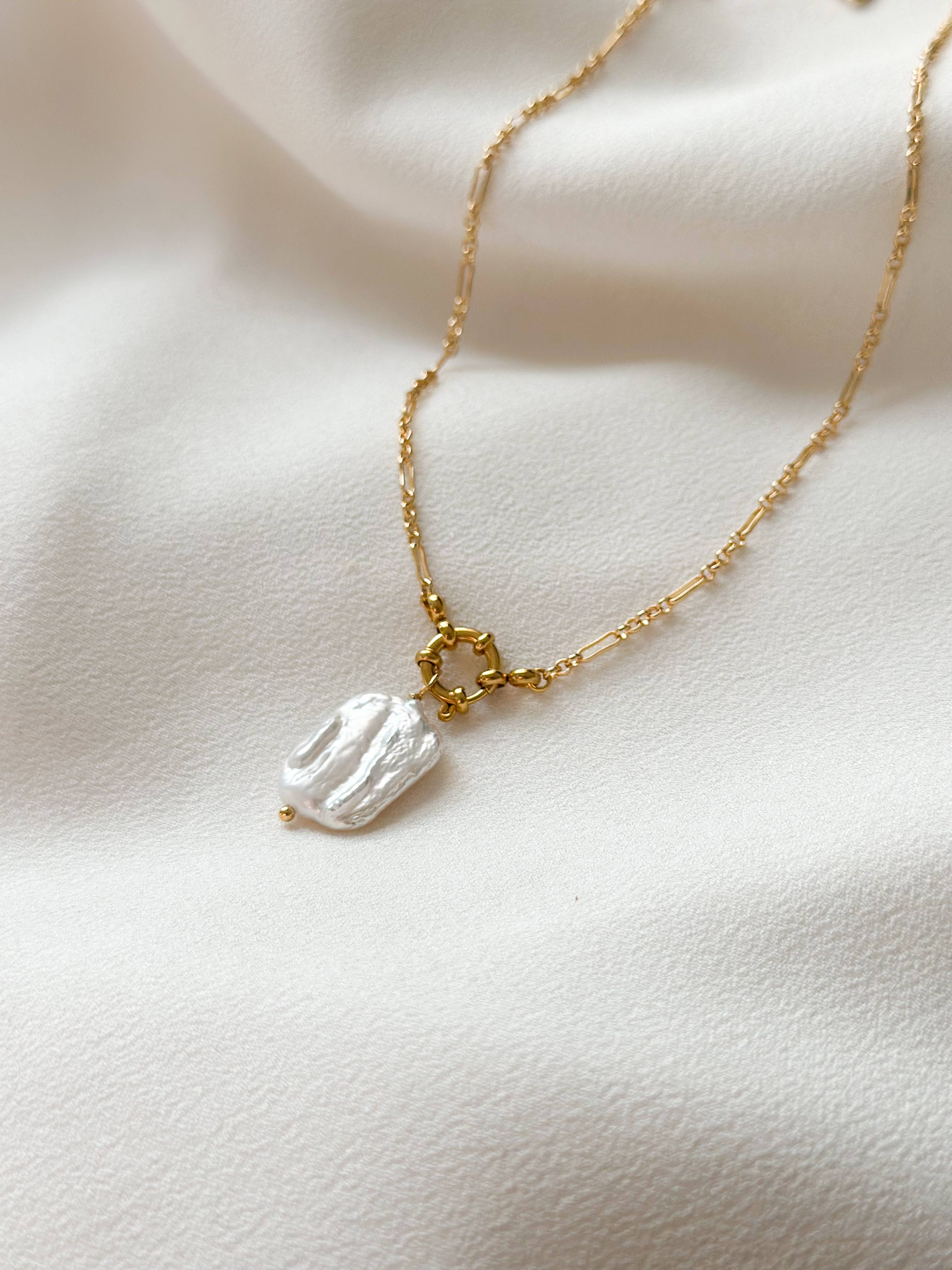 18k Gold Plated Pearl Lustre Rectangle Necklace