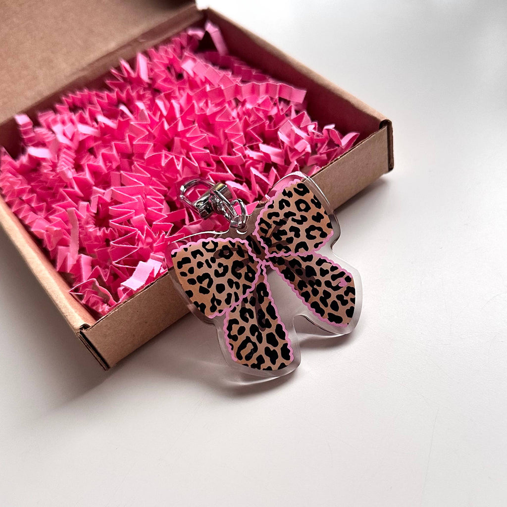 Leopard Bow Keyring Pink Cute Animal Print Gift
