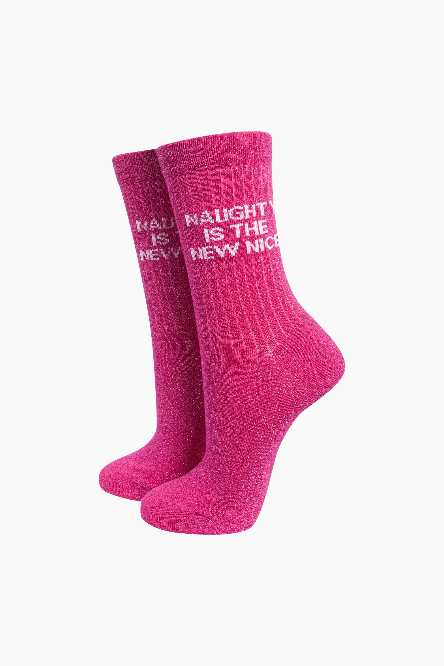 Naughty Is The New Nice Combed Cotton Glitter Socks in Hot Pink